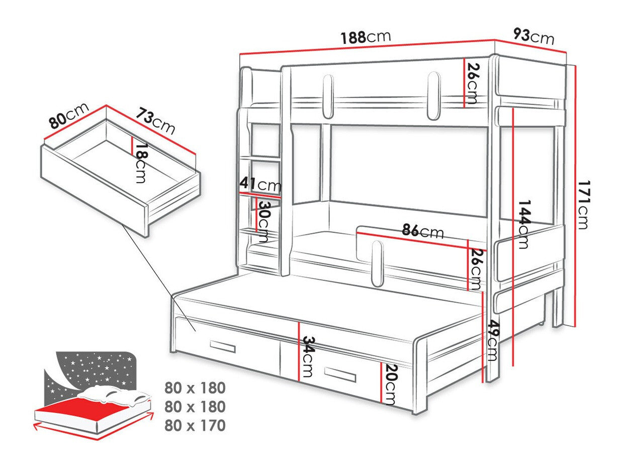 Køjeseng Henderson 145 (Hvid + Egetræ)