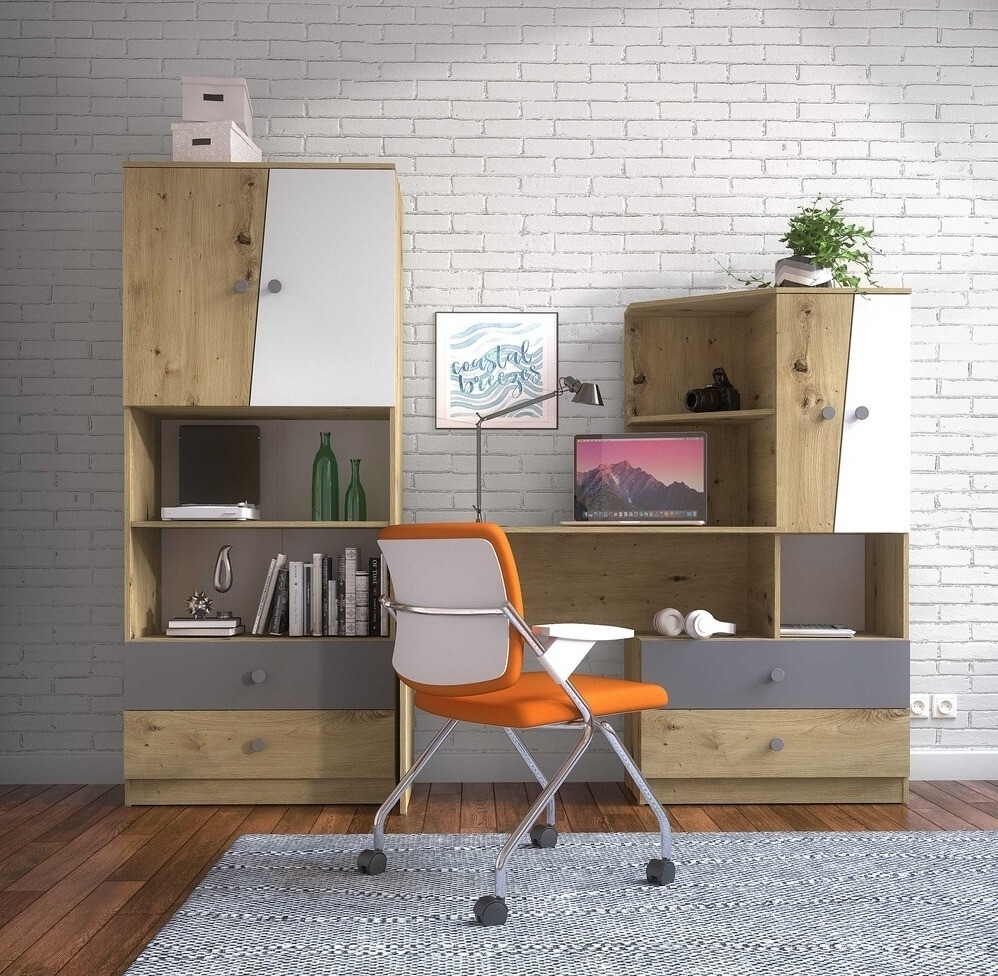 Skrivebord Mirelbu 110 (Artisan eg + Glansfuld hvid + Gloss grå)
