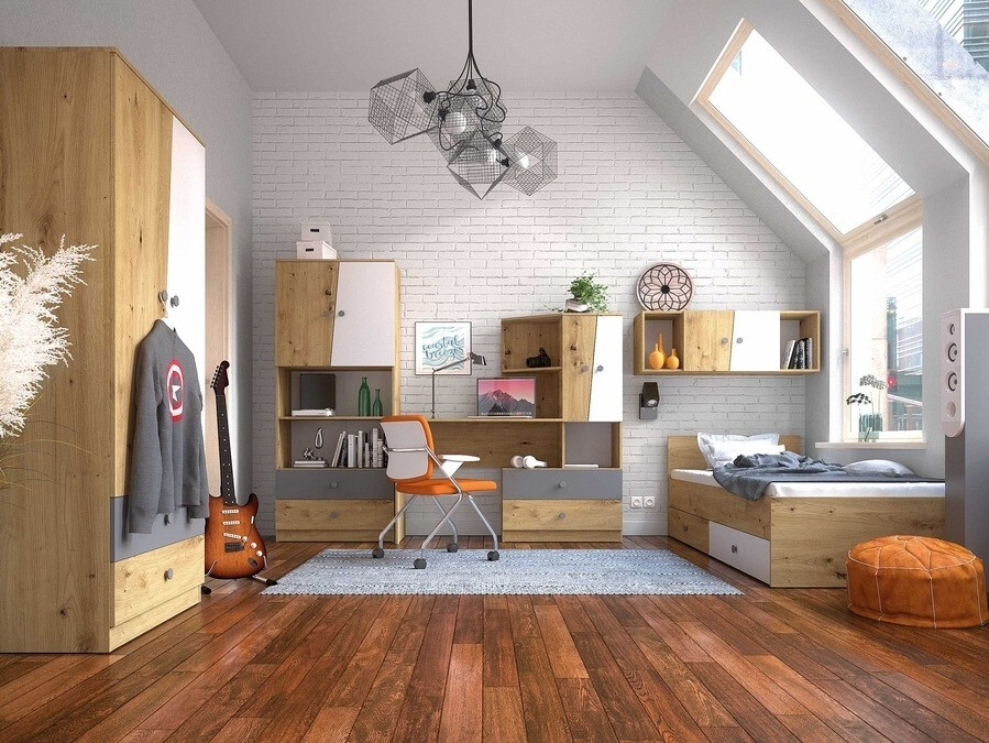 Skrivebord Mirelbu 110 (Artisan eg + Glansfuld hvid + Gloss grå)