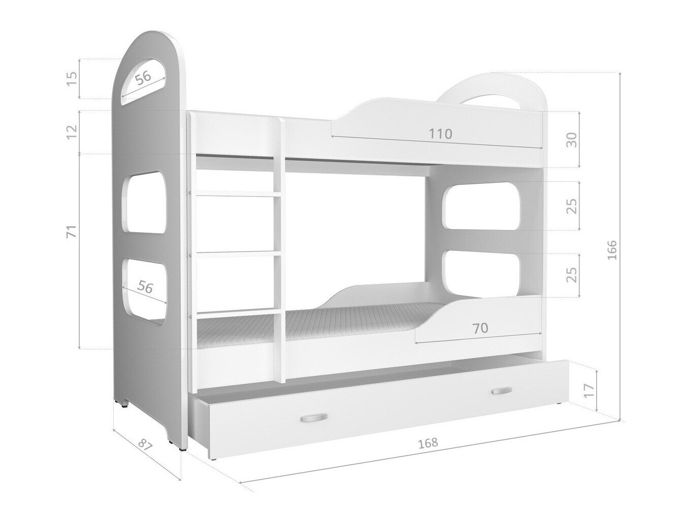 Køjeseng Aurora 116 (Hvid + Grå)
