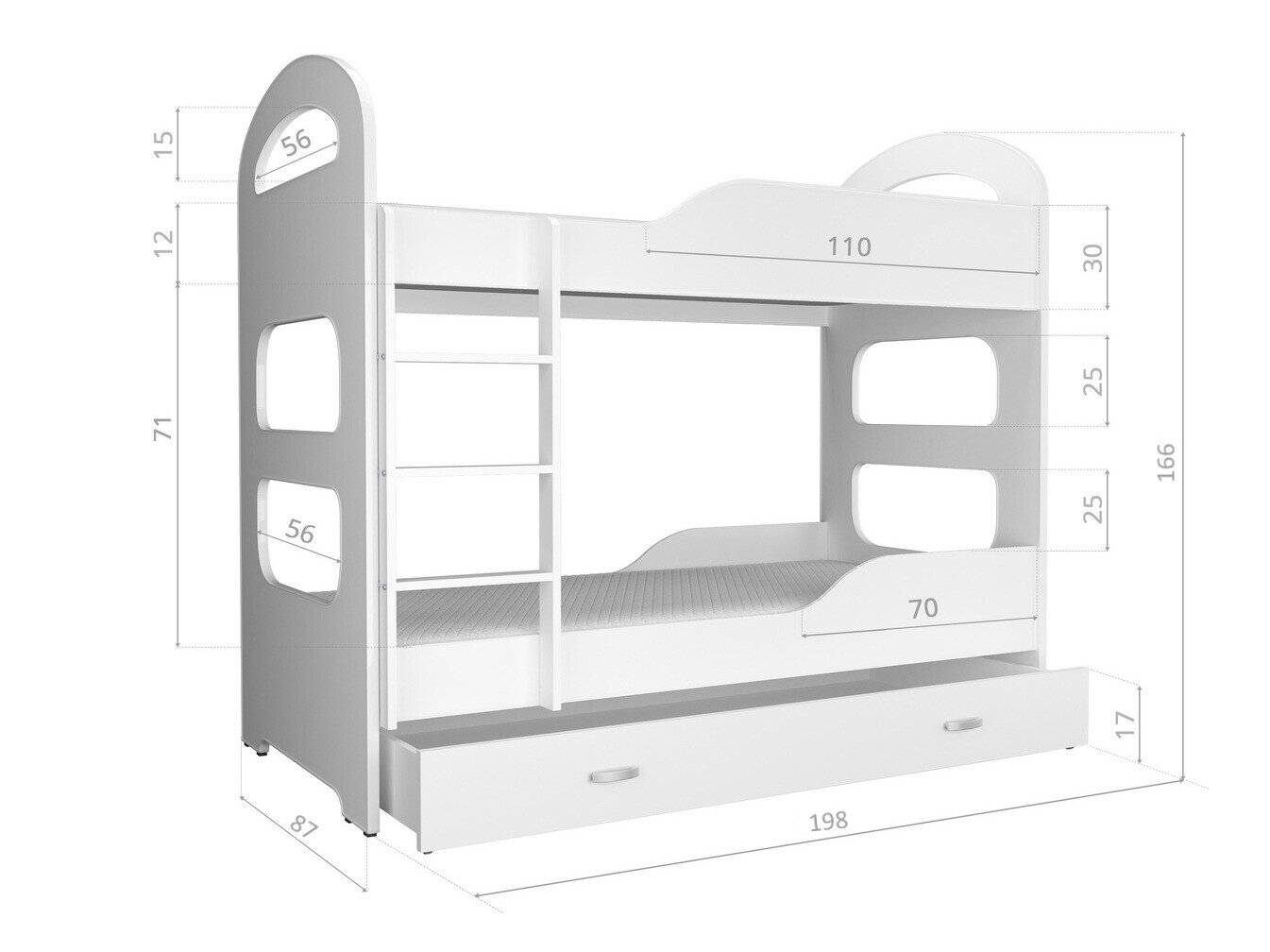 Køjeseng Aurora 116 (Hvid + Grå)