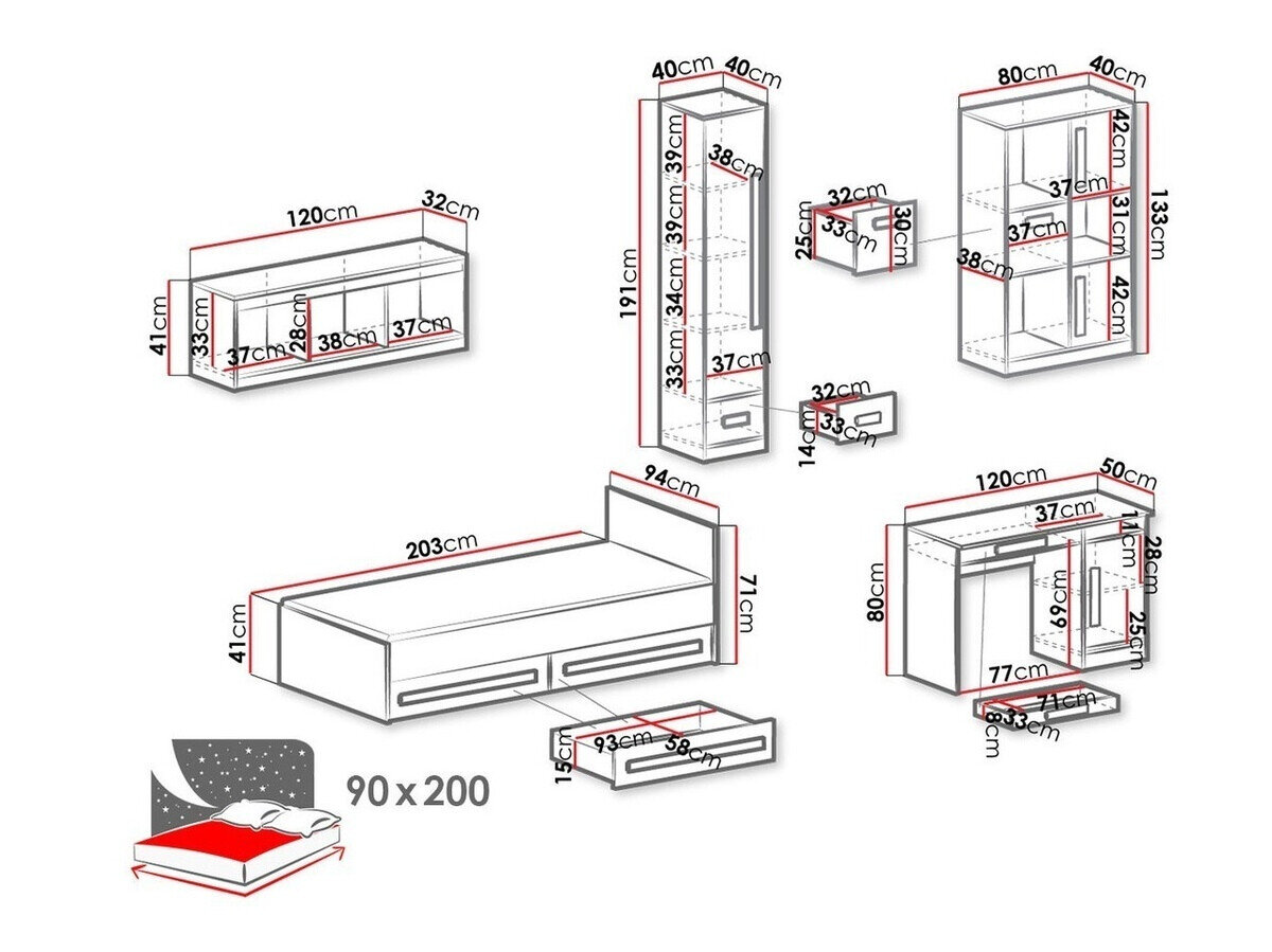 Børneværelsessæt Merevari 108 (Hvid + Blankt Turkis)