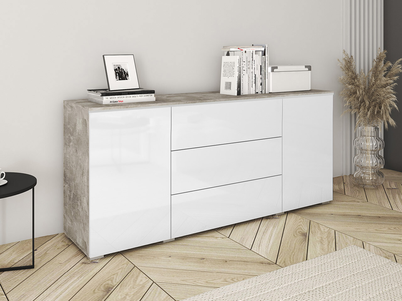 Kommode Mirfivo 102 (Beton + Glansfuld hvid)