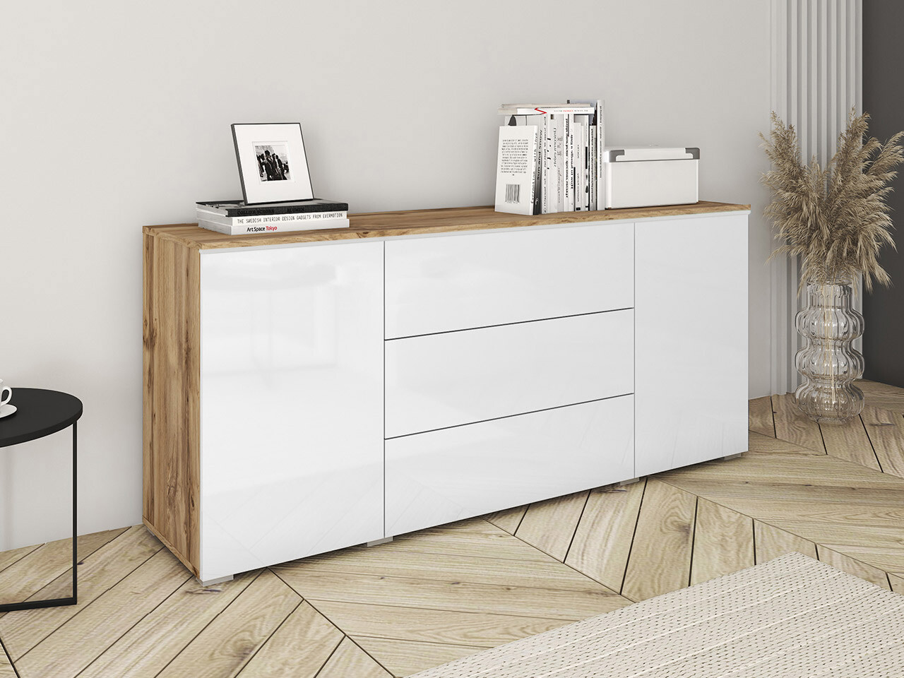 Kommode Mirfivo 102 (Wotan eg + Glansfuld hvid)