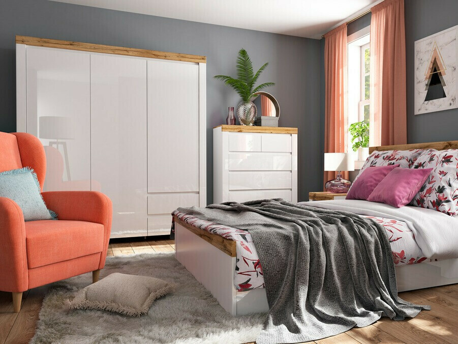 Garderobeskab Sonsoru 120 (Hvid + Glansfuld hvid + Wotan eg)