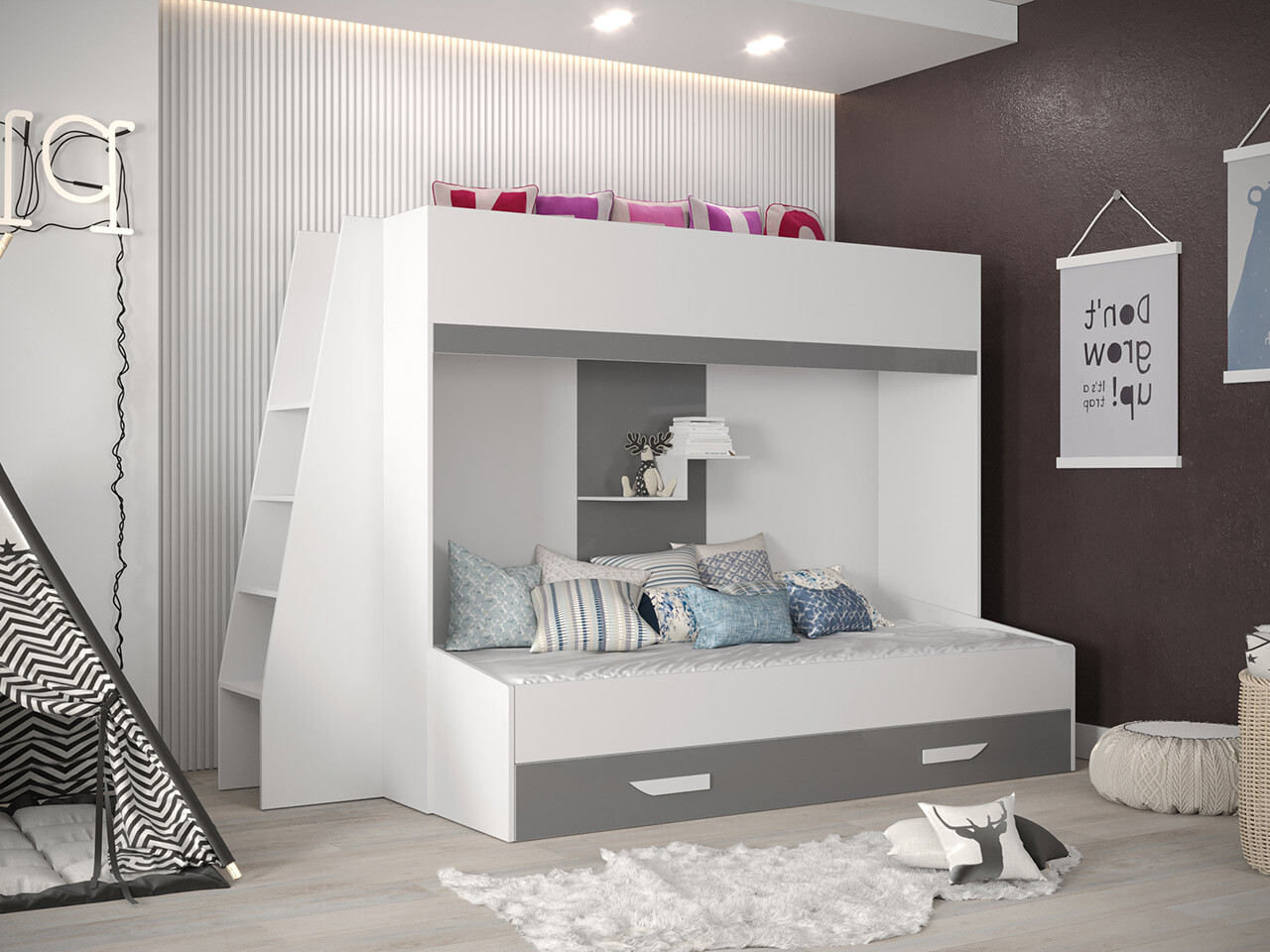 Køjeseng Hartford 357 (Hvid + Gloss grå + Glansfuld hvid)