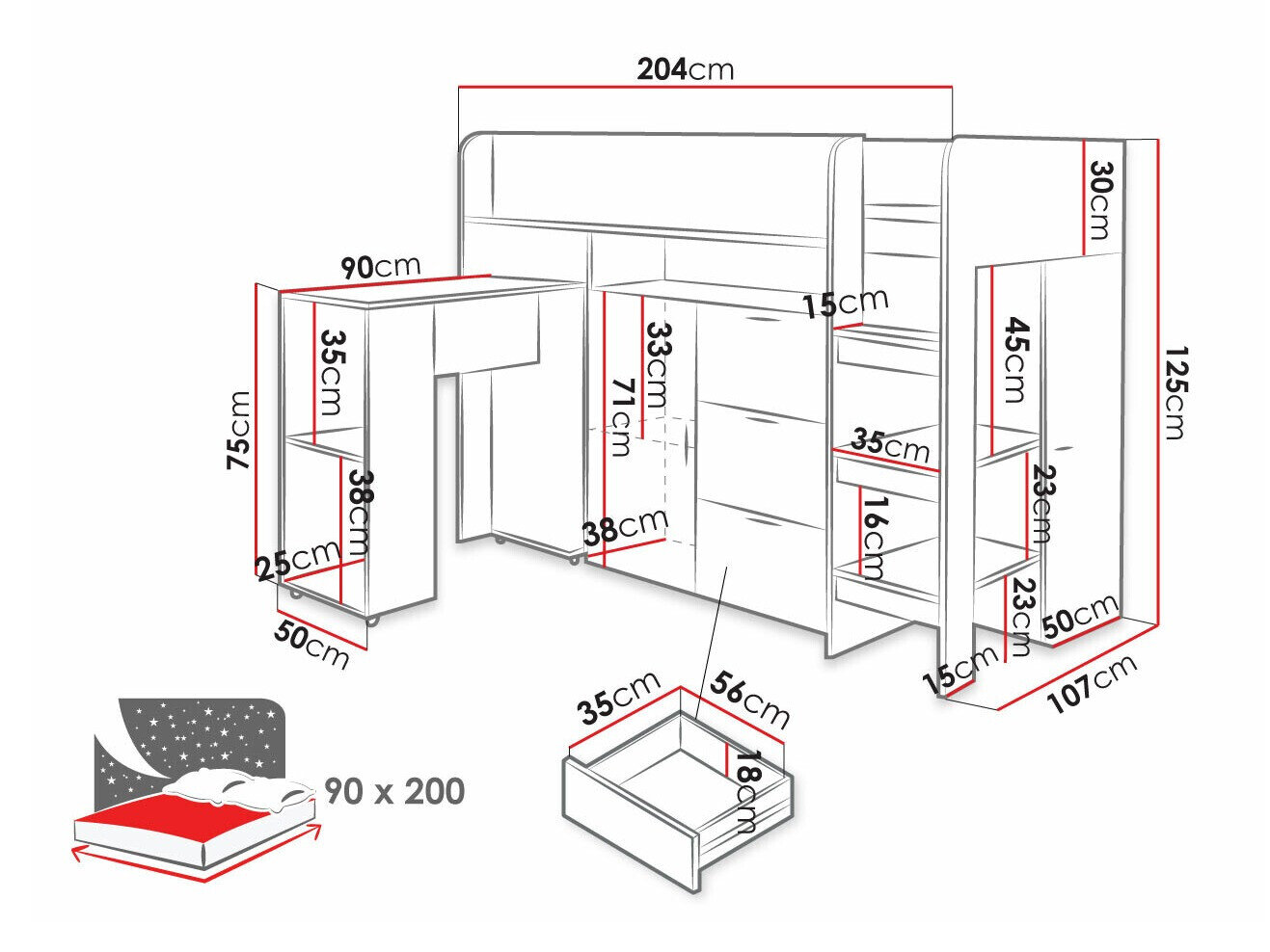 Køjeseng Hartford 363 (Beton + Hvid)