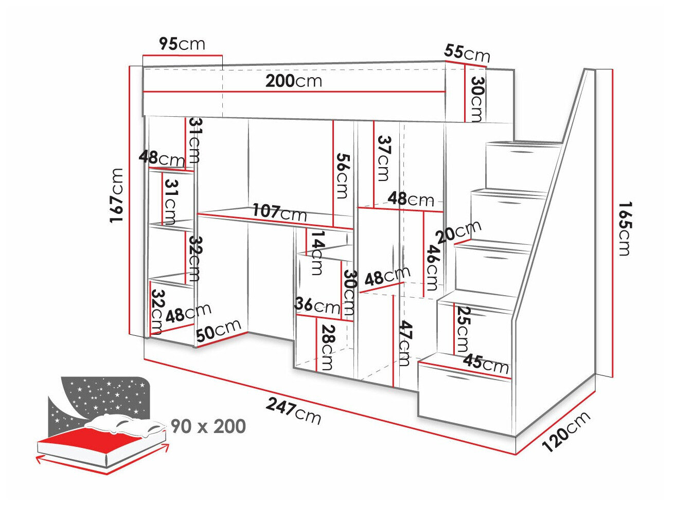 Køjeseng Hartford 365 (Beton + Hvid)