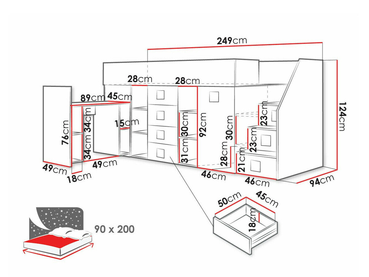 Køjeseng Hartford 366 (Hvid + Glansfuld hvid + Grå)