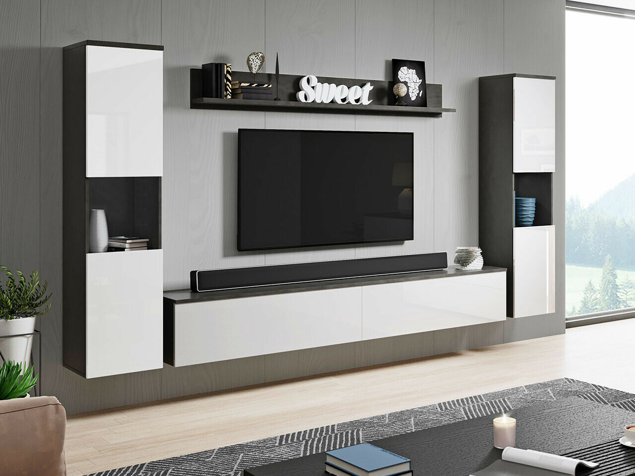 Stuemøbelsæt Sarasota 131 (Mørkegrå + Glansfuld hvid)