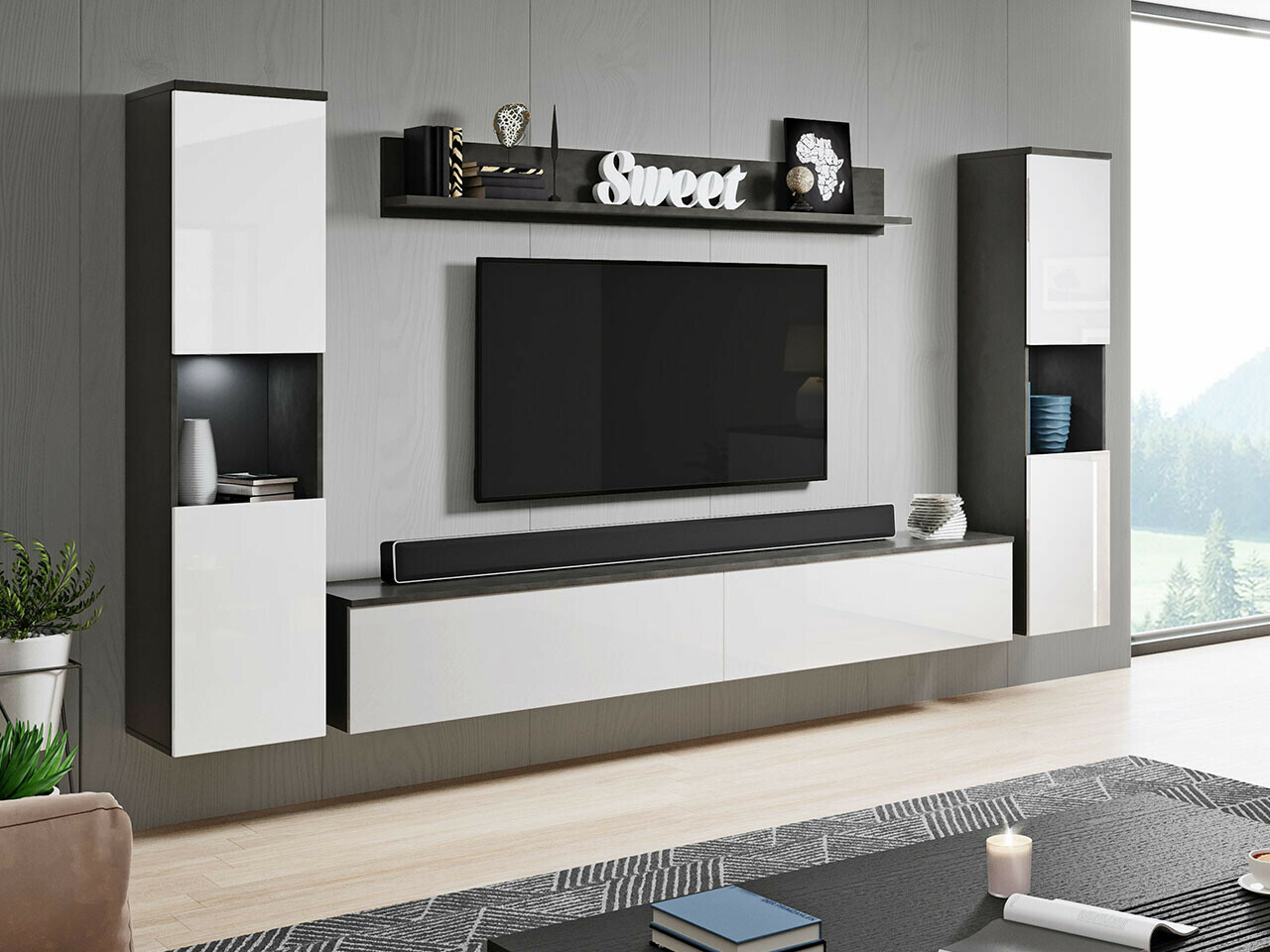 Stuemøbelsæt Sarasota 131 (Mørkegrå + Glansfuld hvid)