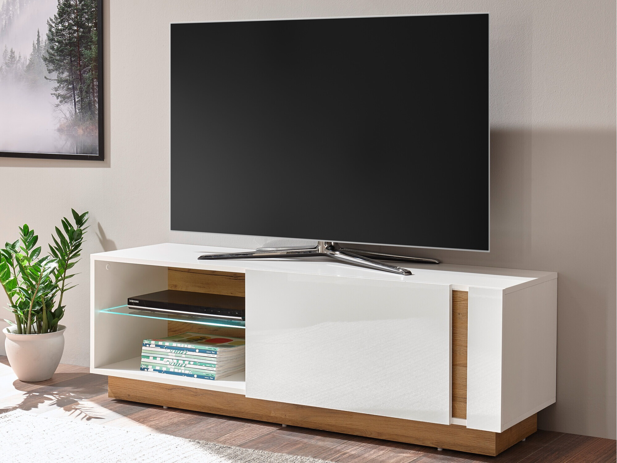 TV-bord Veropho 102 (Glansfuld hvid + Grandson eg)