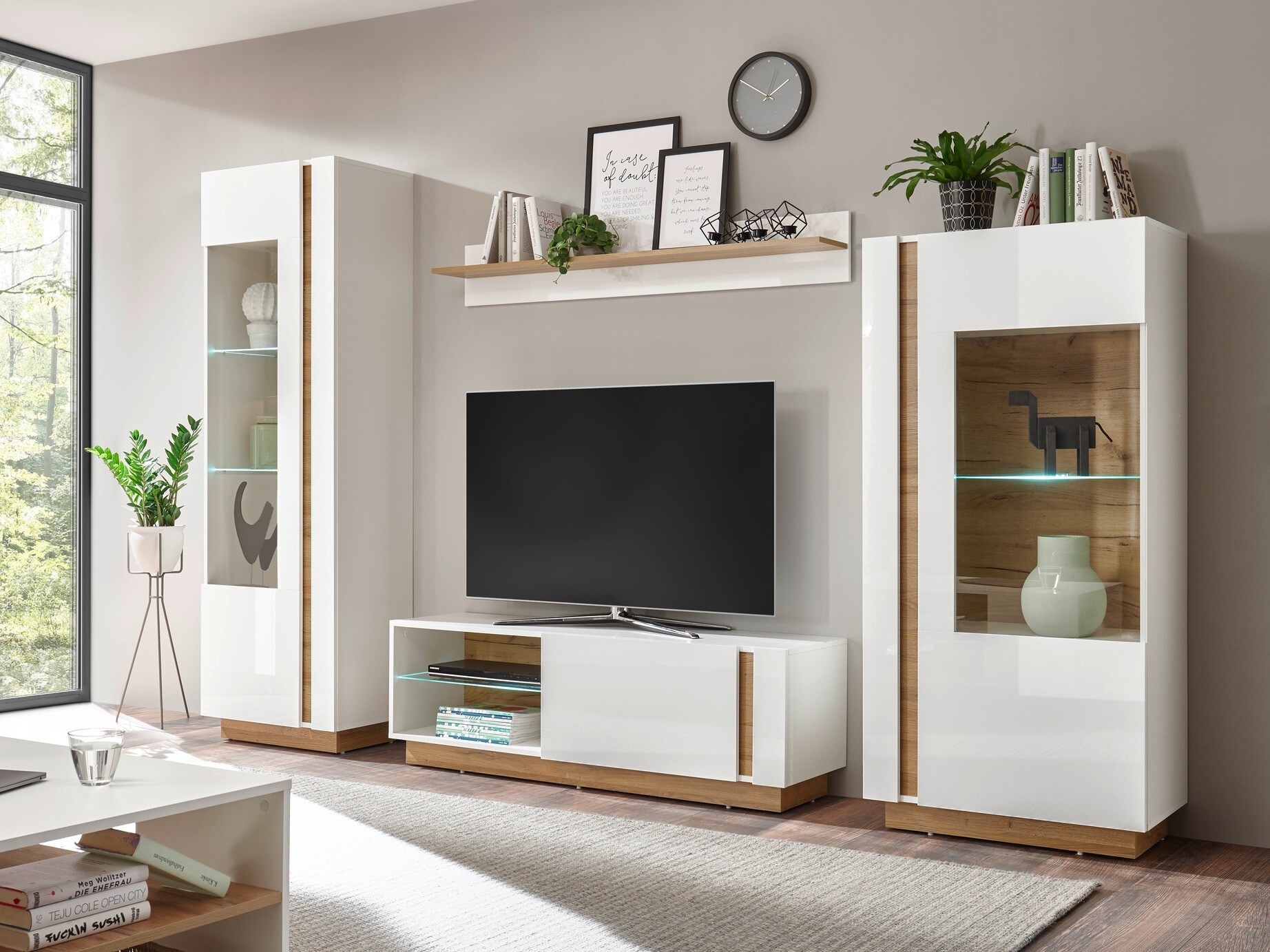 TV-bord Veropho 102 (Glansfuld hvid + Grandson eg)