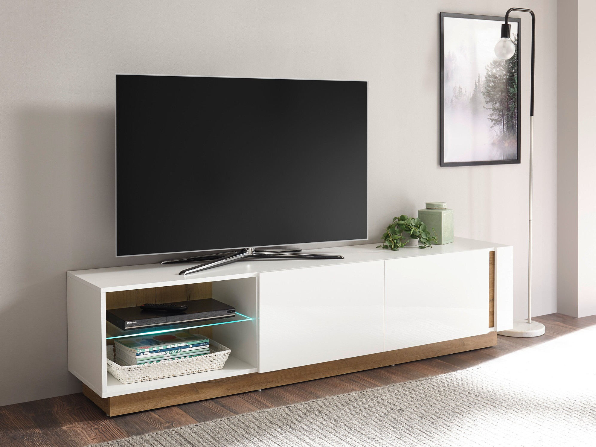 TV-bord Veropho 103 (Glansfuld hvid + Grandson eg)