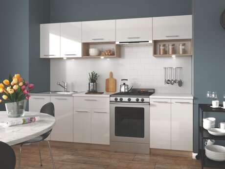 Køkkensæt Houston 858 (Glansfuld hvid + Sonoma eg)