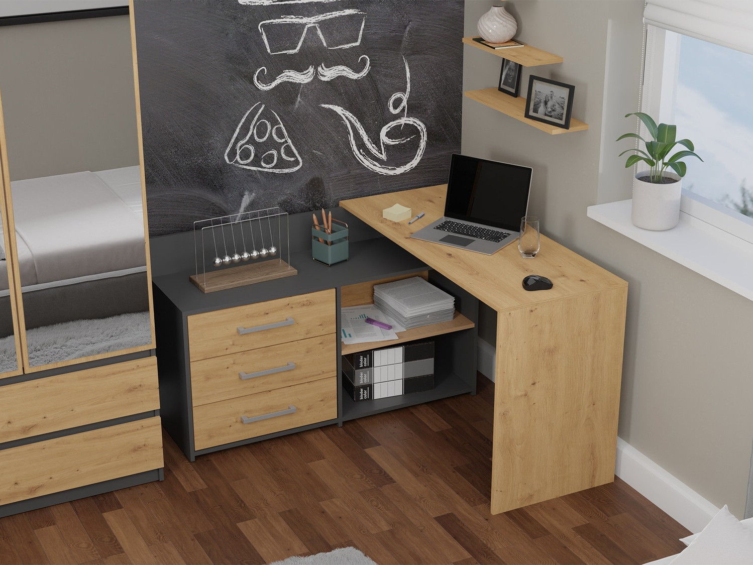 Hjørneskrivebord Mandeville 131 (Antracit + Artisan eg)