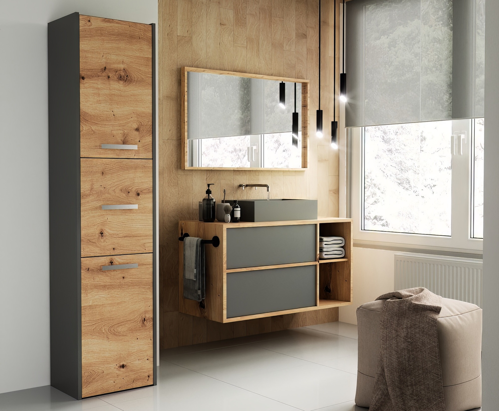 Stående badeværelsesskab Mandeville 251 (Antracit + Artisan eg)