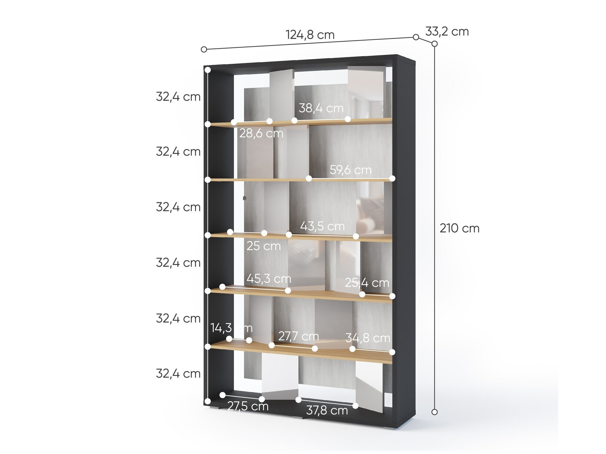 Reol Fresno 154 (Glansfuld grå + Grafit + Egetræ)