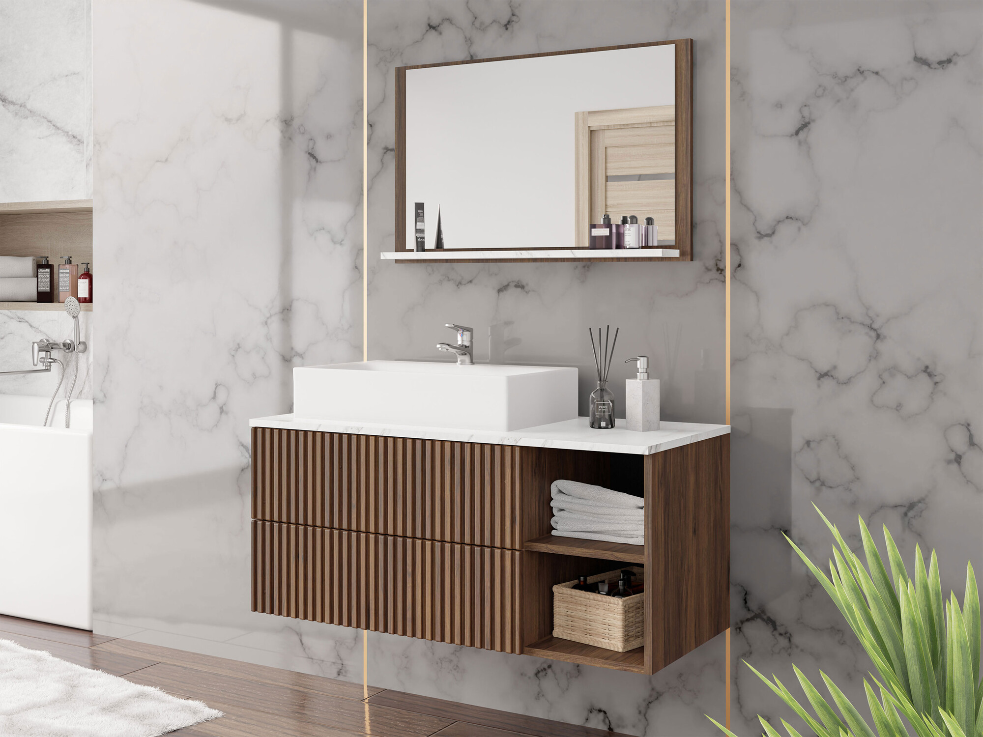 Badeværelsessæt Nauta (Valnød + Hvid marmor)