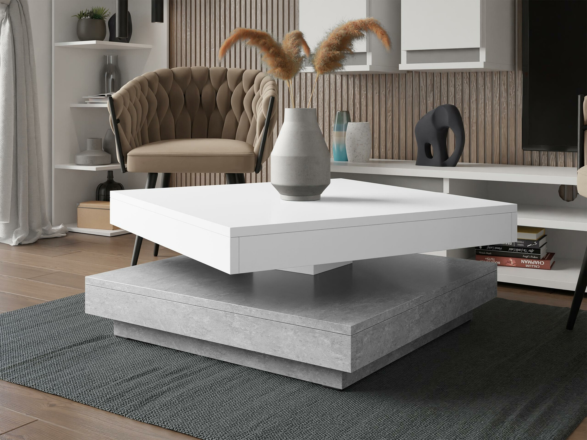 Transformer sofabord Comfivo Pisces (Beton + Hvid)