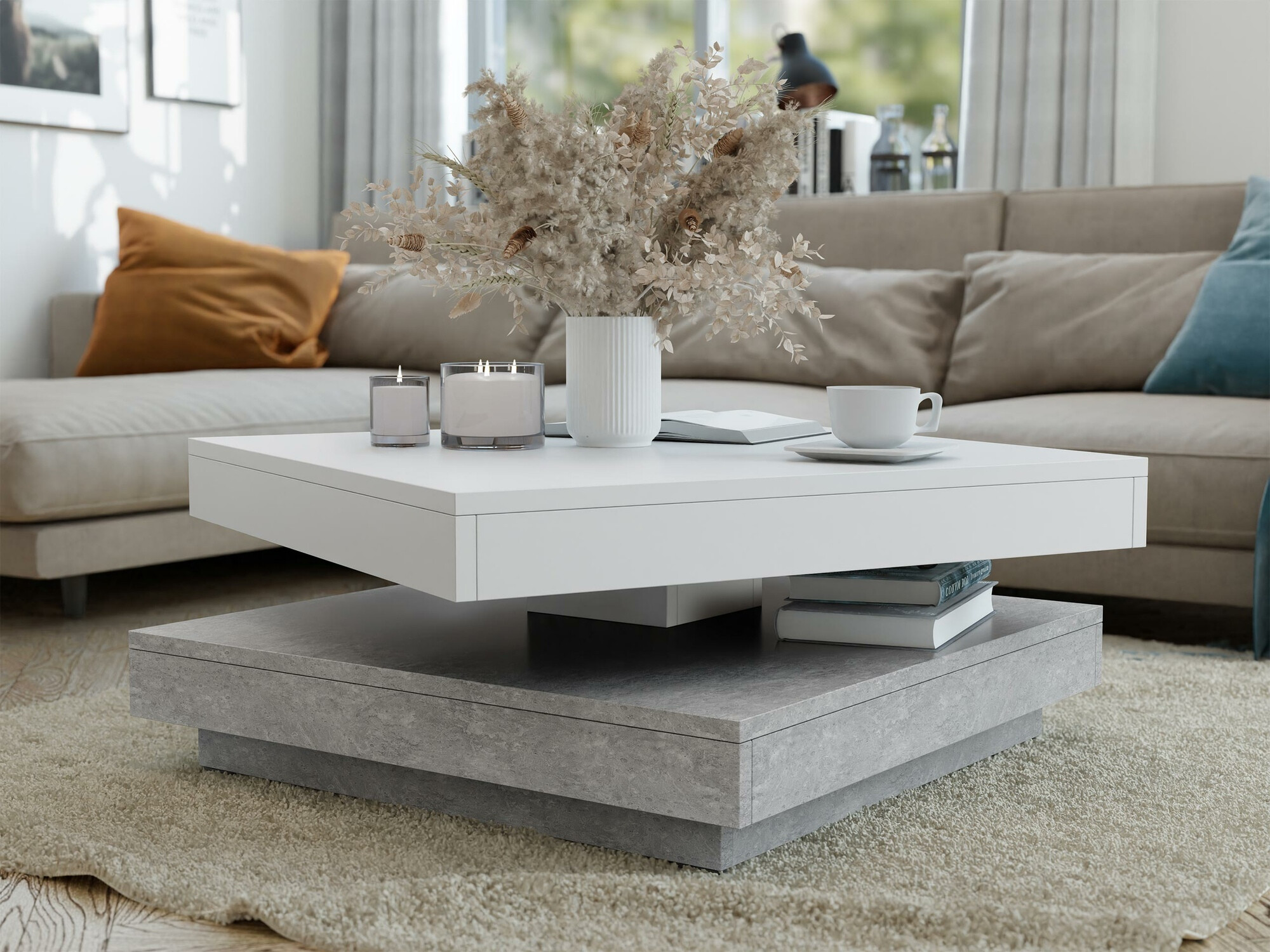Transformer sofabord Comfivo Pisces (Beton + Hvid)