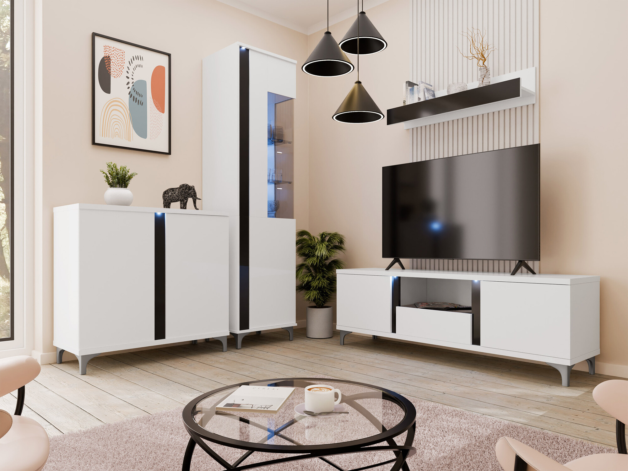 TV-bord Florem (Hvid + Glansfuld hvid + Blank sort)