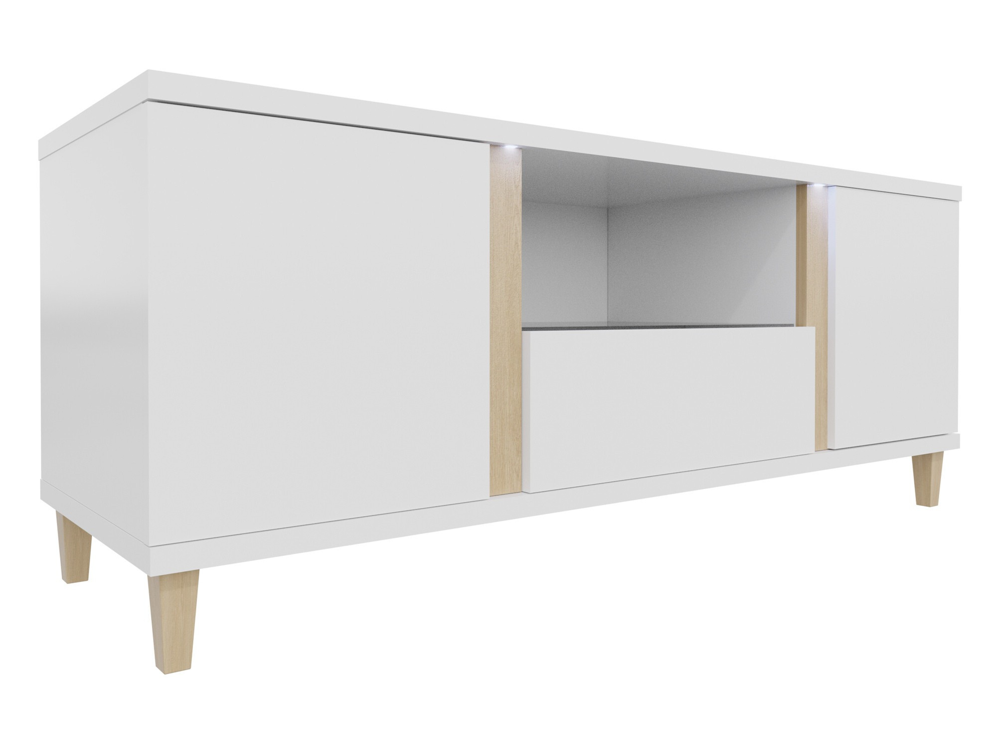 TV-bord Florem (Hvid + Glansfuld hvid + Lyst træ)