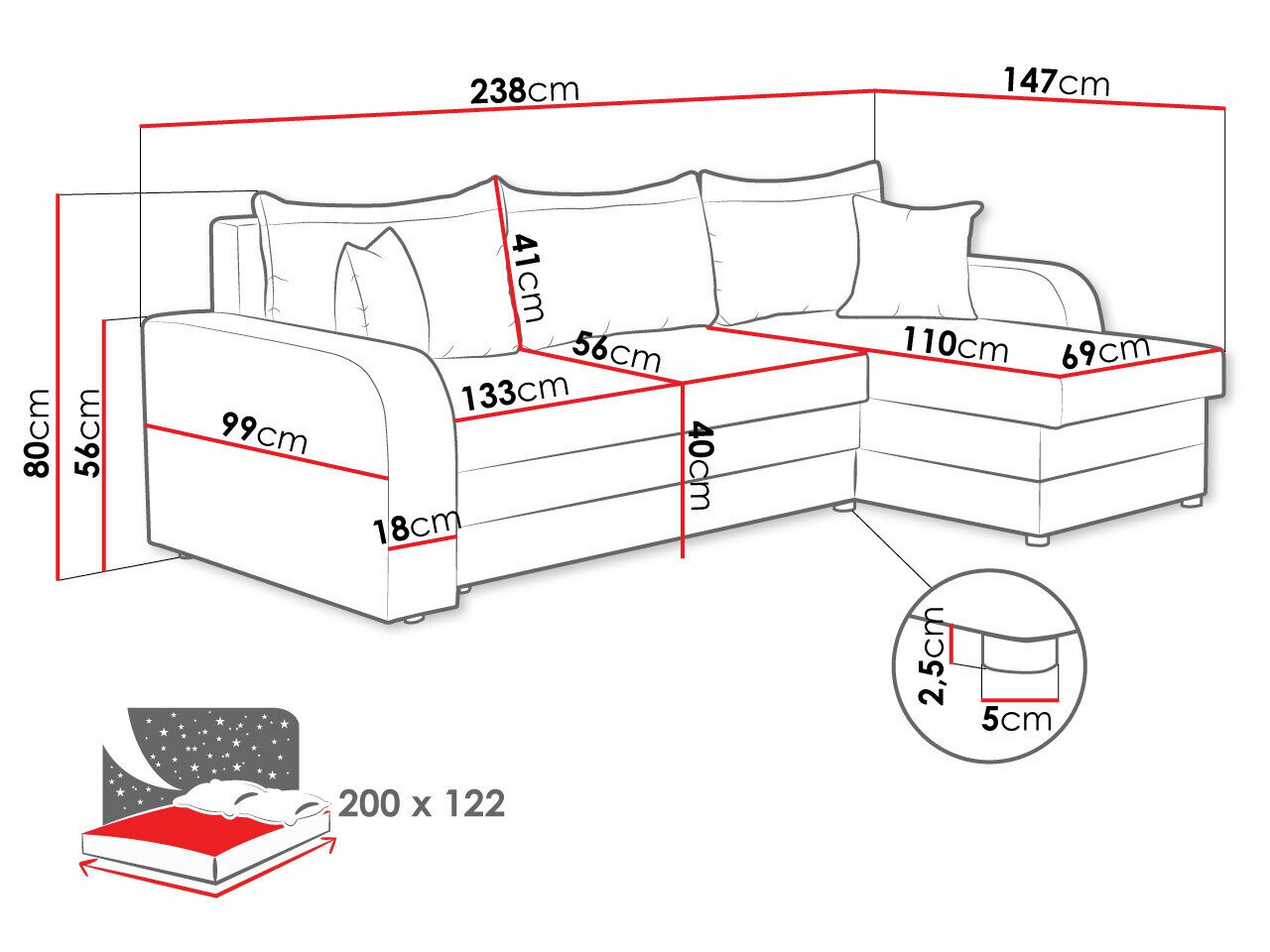 Hjørnesofa Comfivo 135 (Florida 01 + Rain 14)
