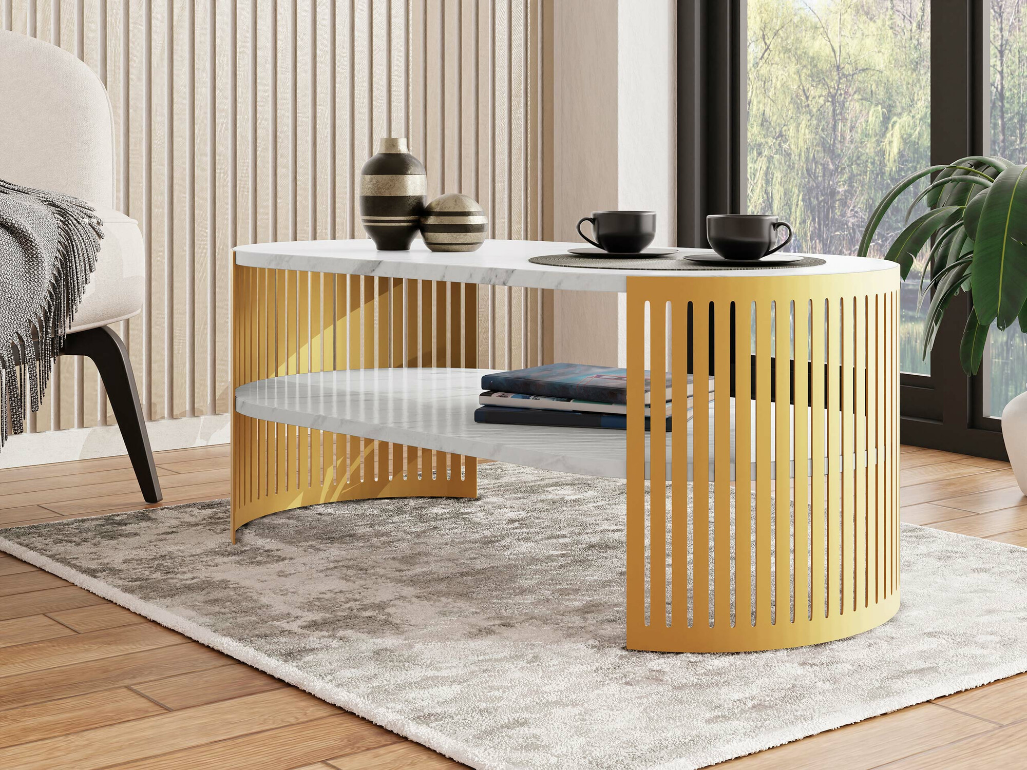 Sofabord Civer IV (Gylden + Hvid marmor)