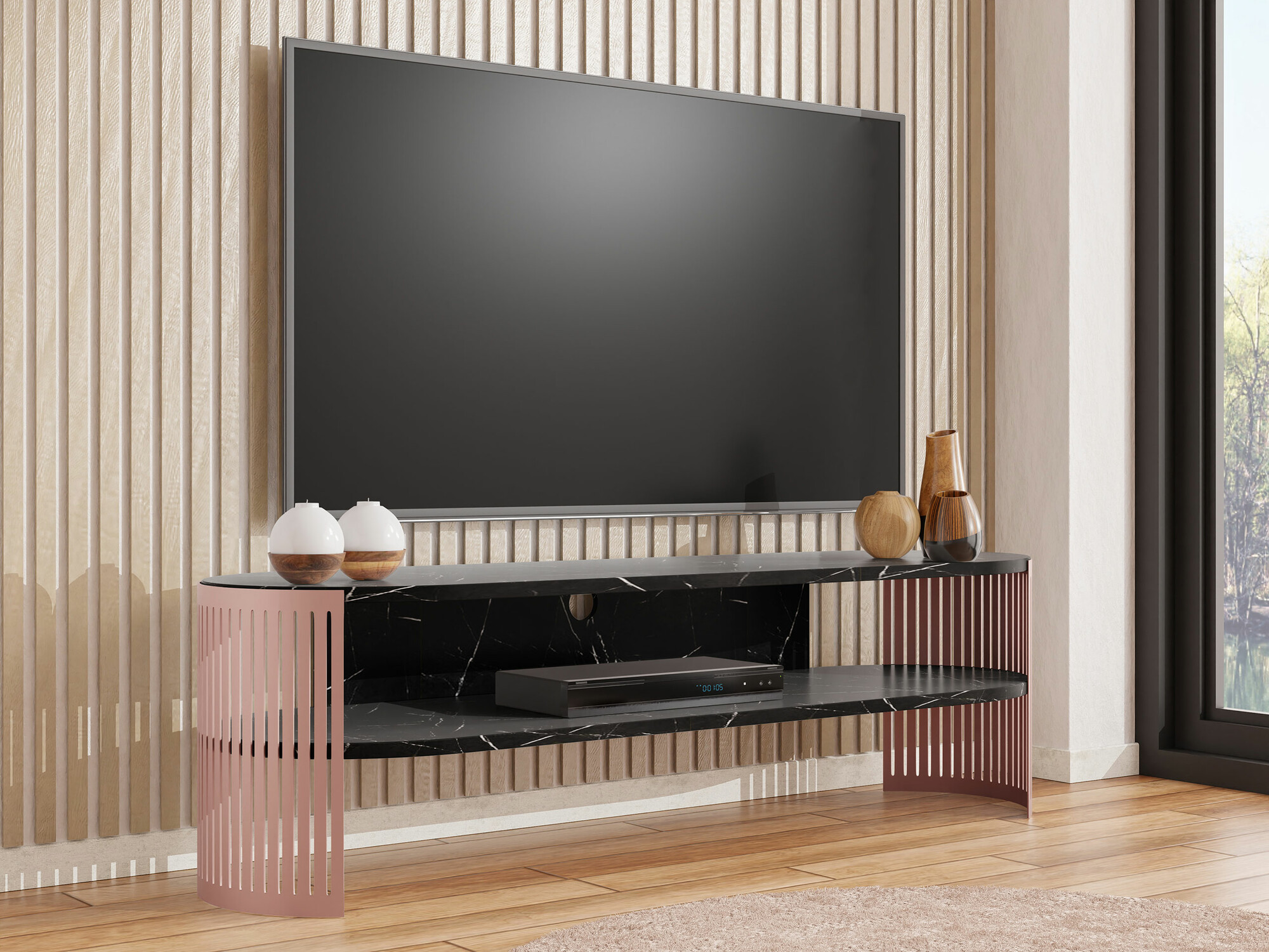 TV-bord Civer II (Lyserød + Sort marmor)