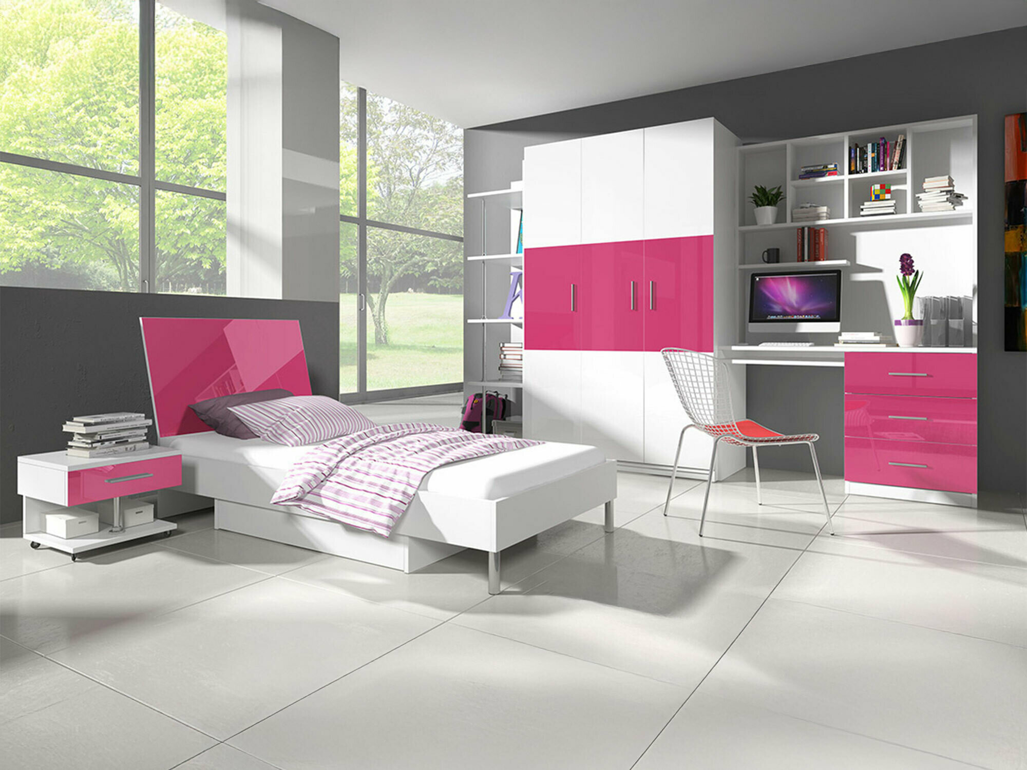 Børneværelsessæt Campus (Glansfuld hvid + Glossy pink)