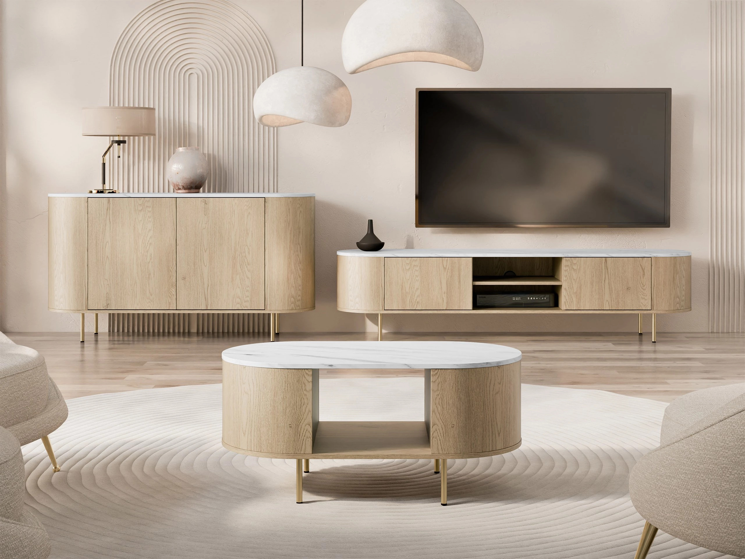 TV-bord Comfivo Livtena I (Hvid marmor + Gylden)