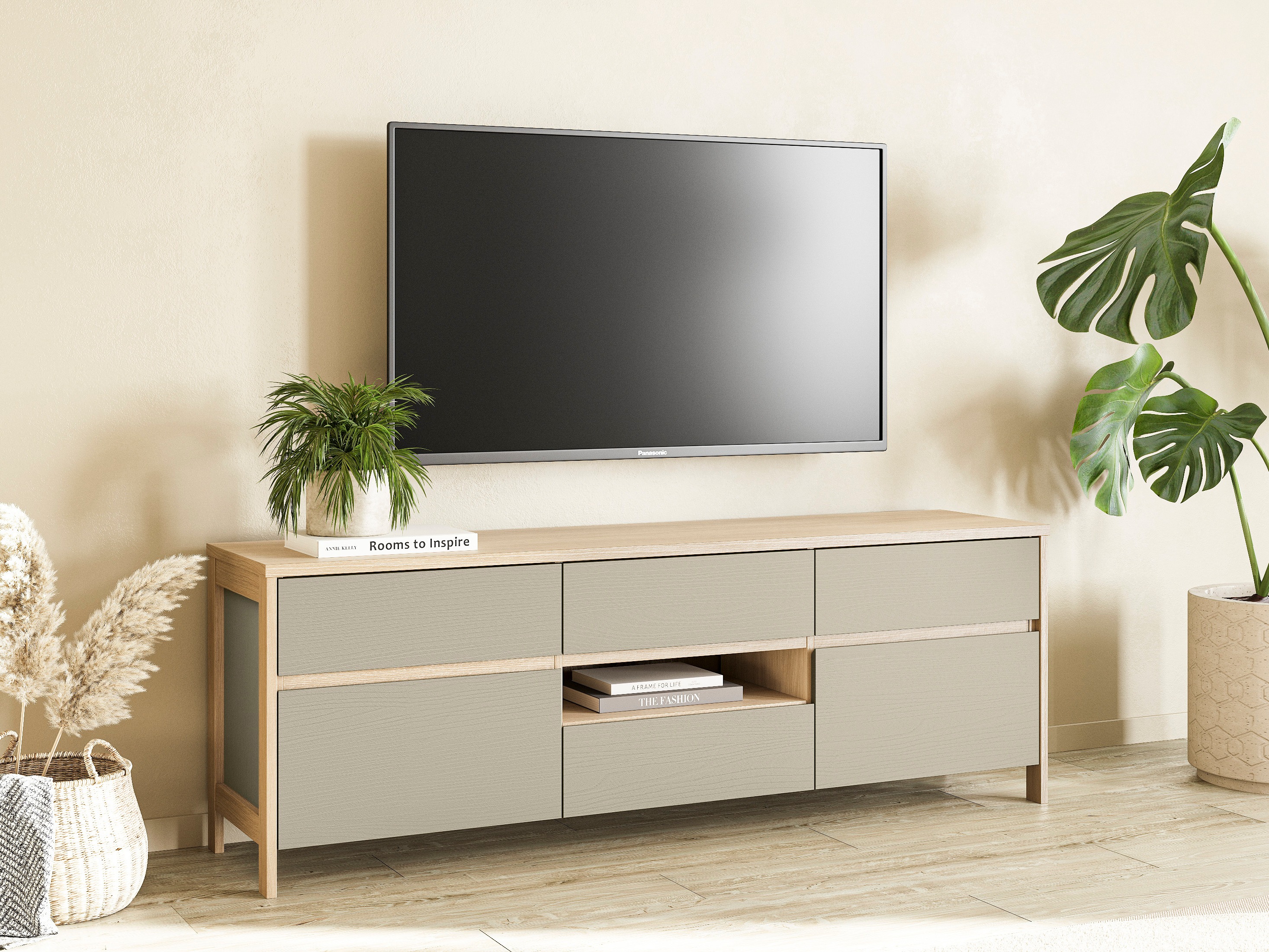 TV-bord Fermaru 102 (Støvet grøn + Egetræ)