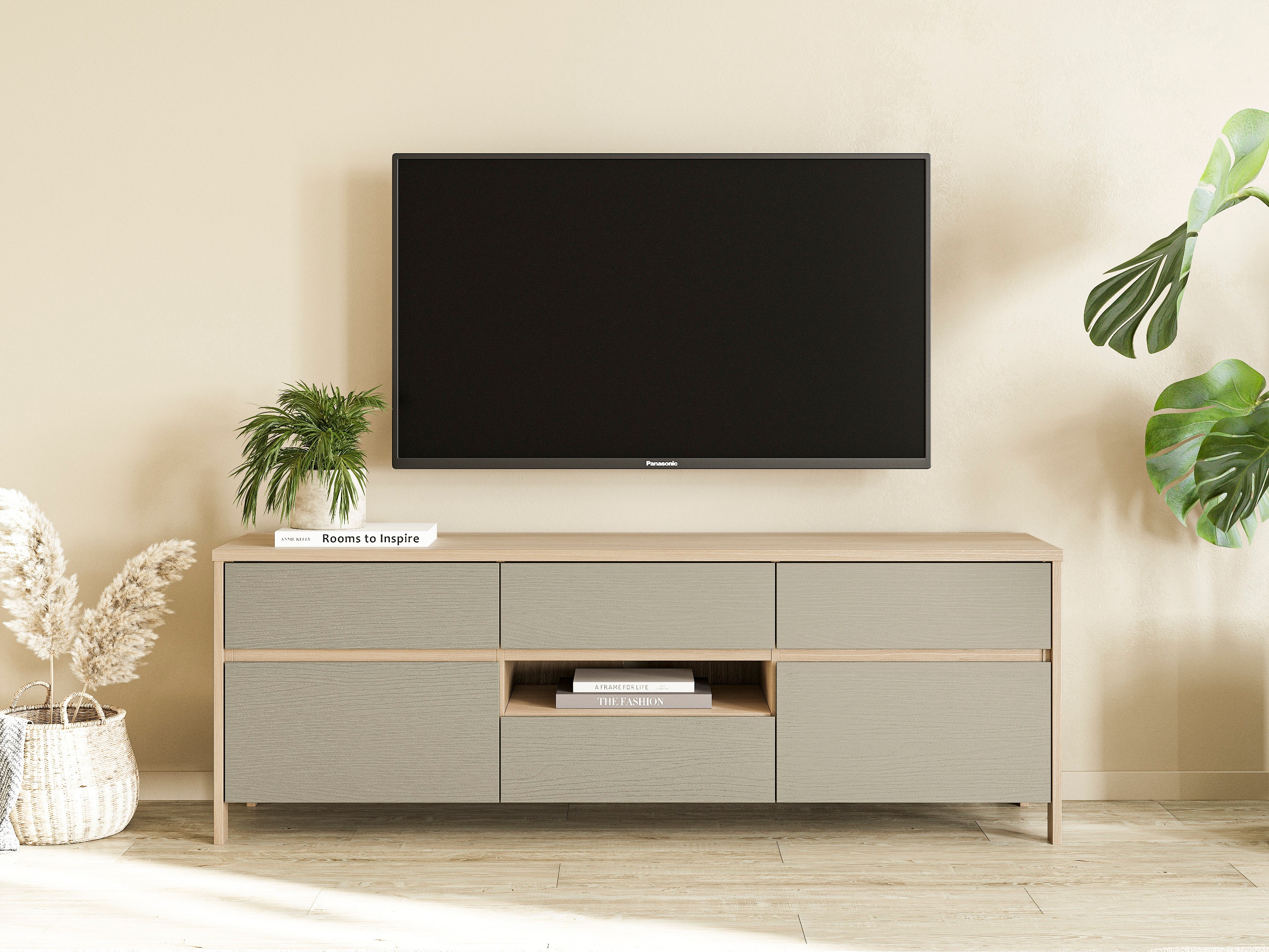 TV-bord Fermaru 102 (Støvet grøn + Egetræ)