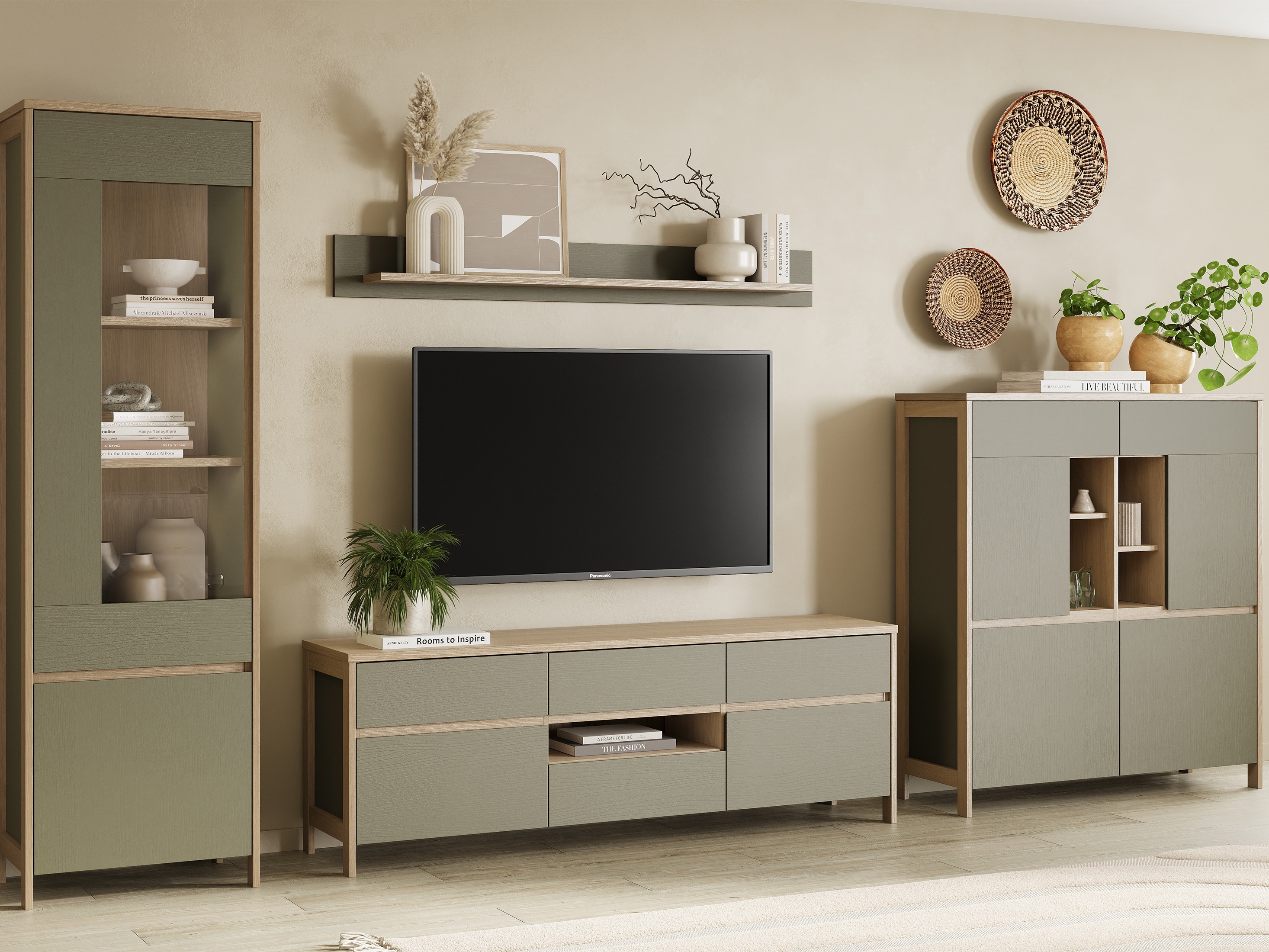 TV-bord Fermaru 102 (Støvet grøn + Egetræ)
