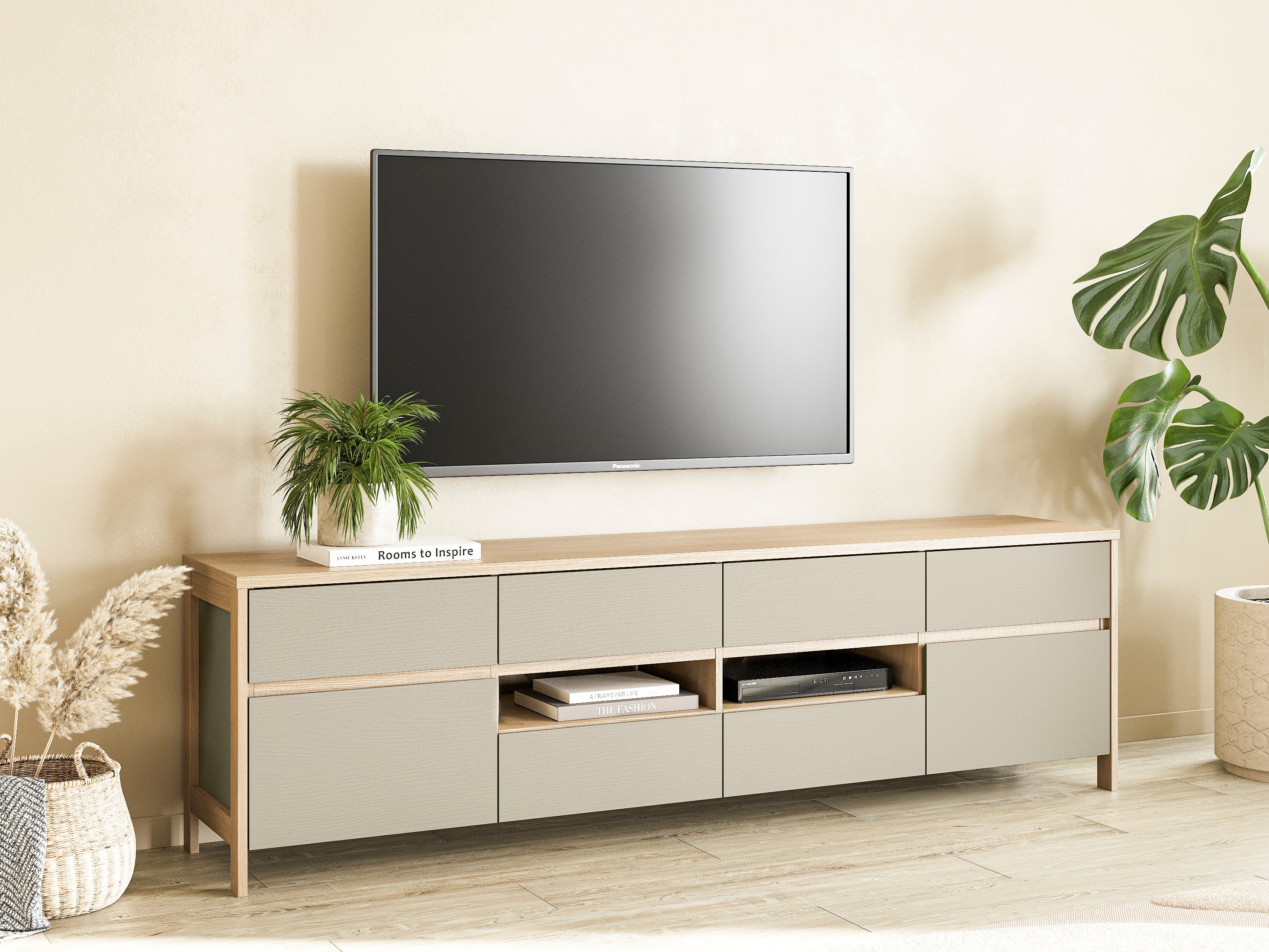 TV-bord Fermaru 103 (Støvet grøn + Egetræ)