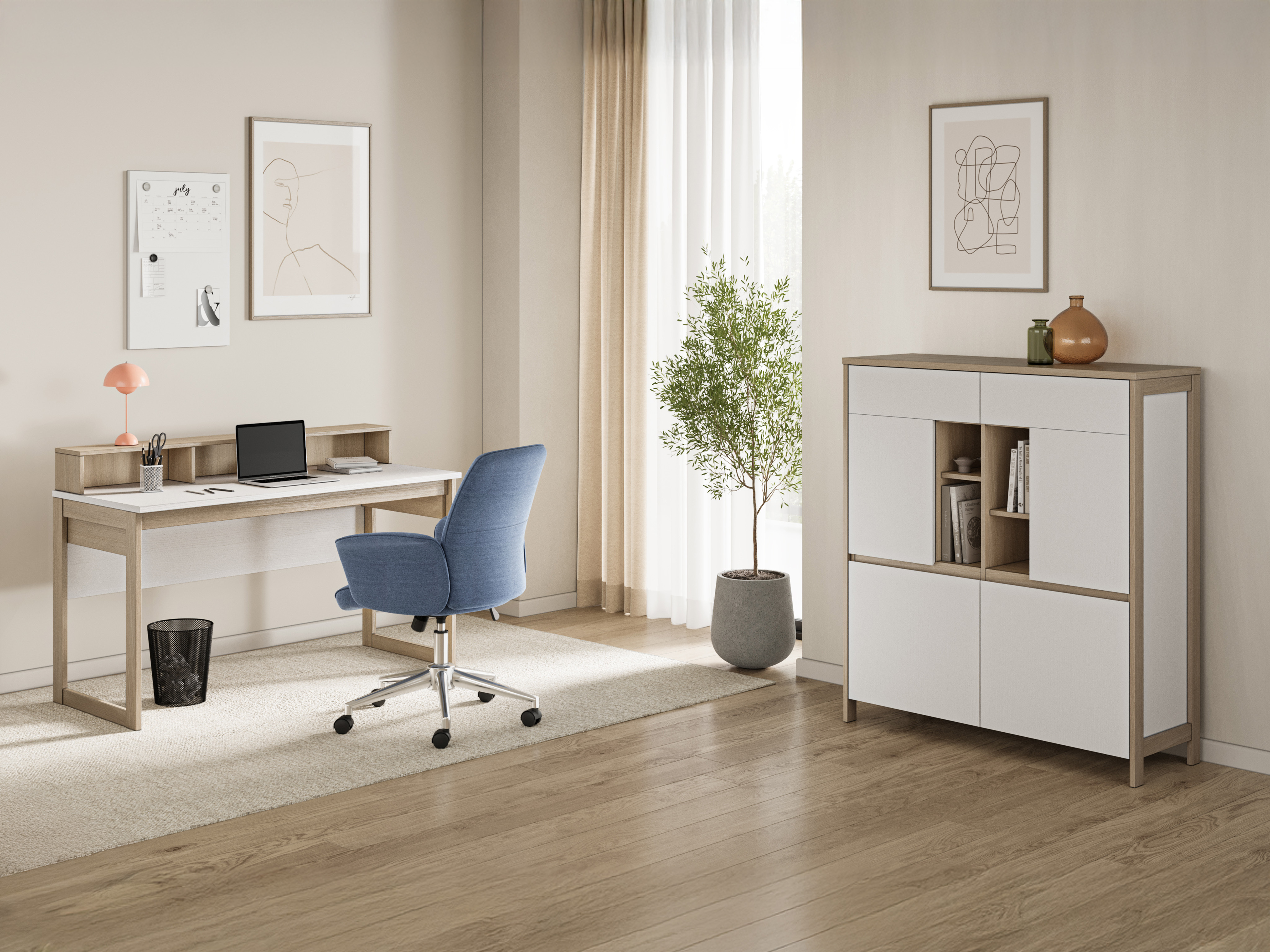 Skrivebord Fermaru 115 (Hvid + Egetræ)