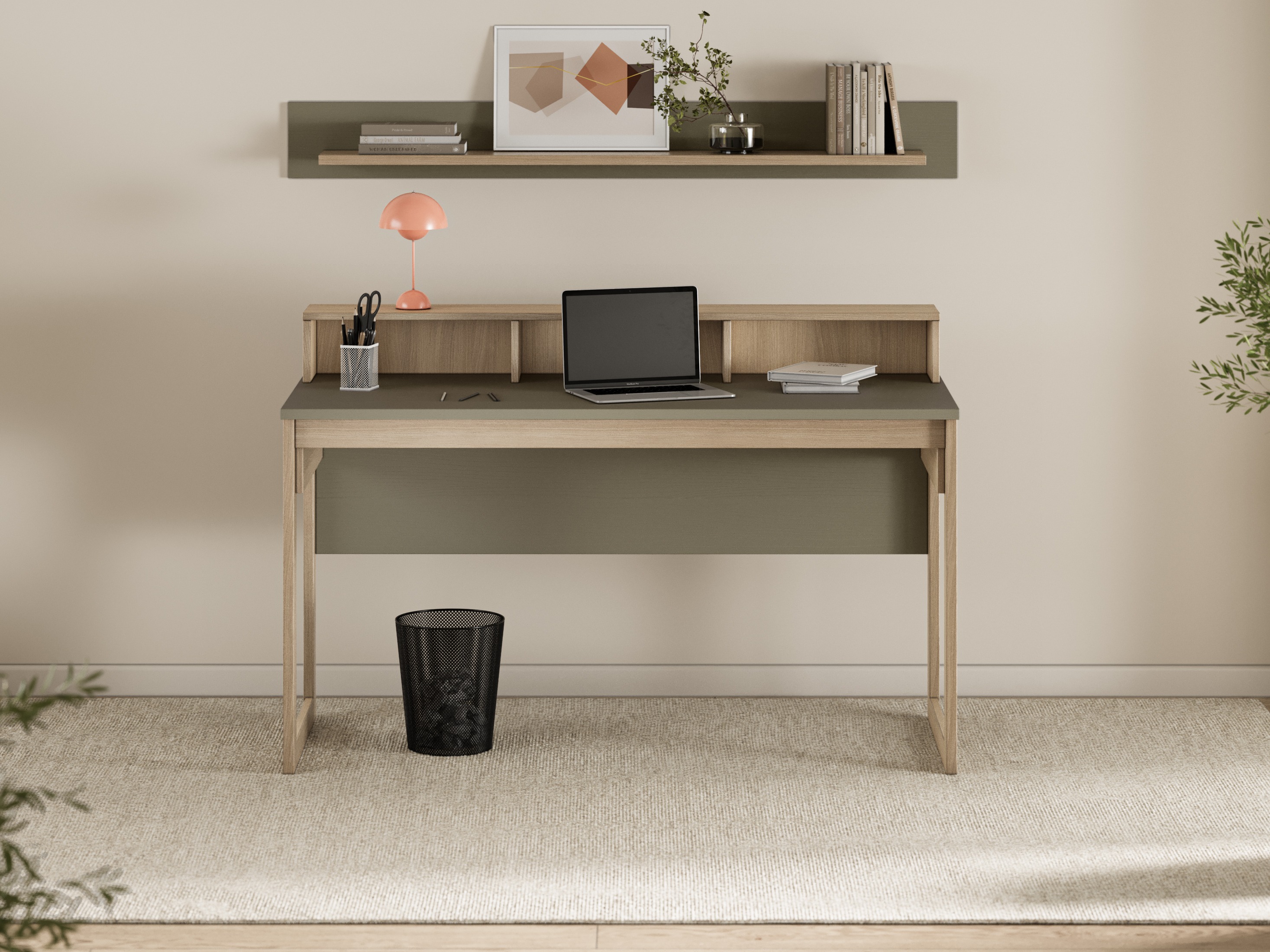 Skrivebord Fermaru 115 (Støvet grøn + Egetræ)