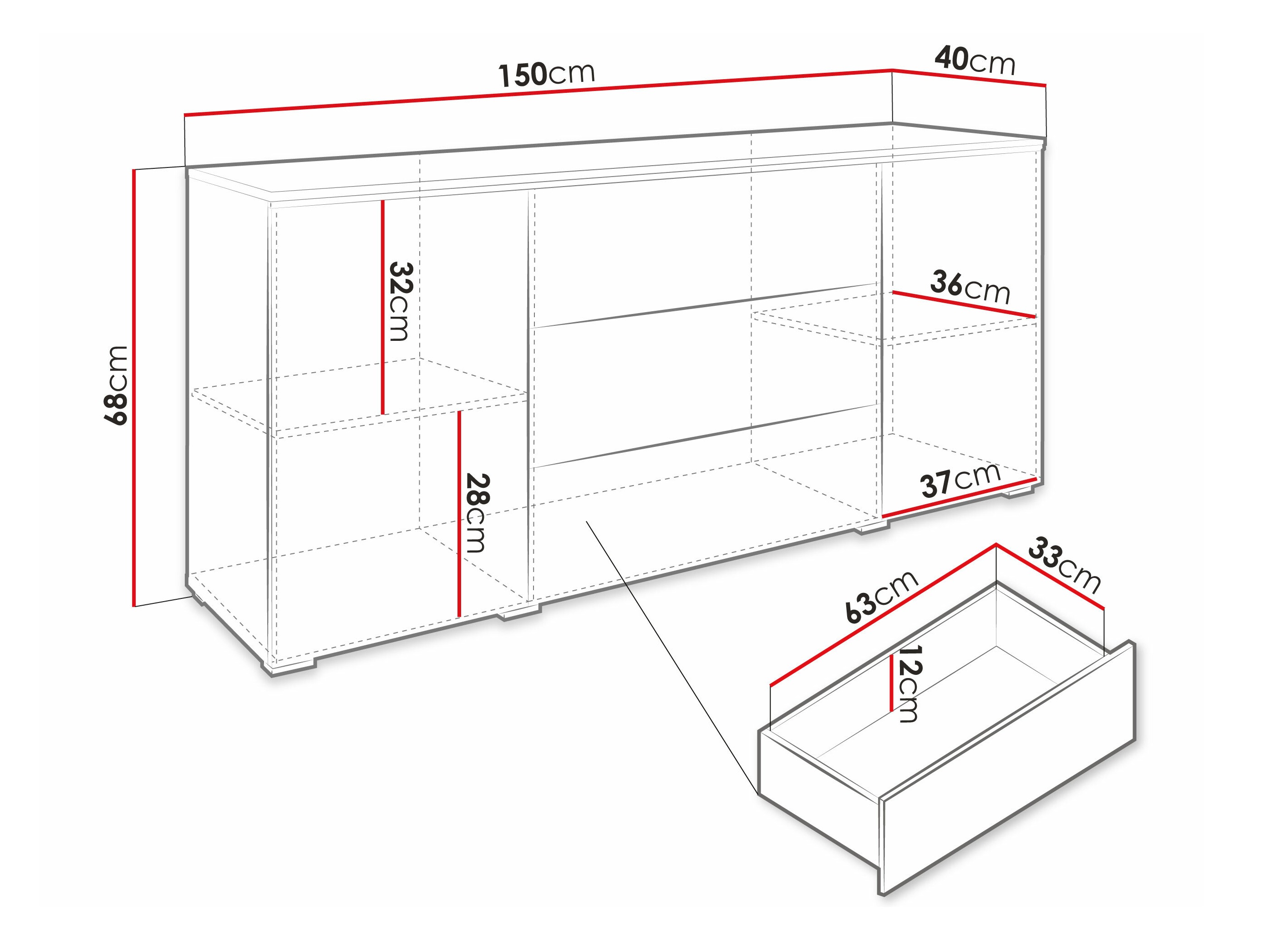 Kommode Mirfivo 102 (Beton + Glansfuld hvid)
