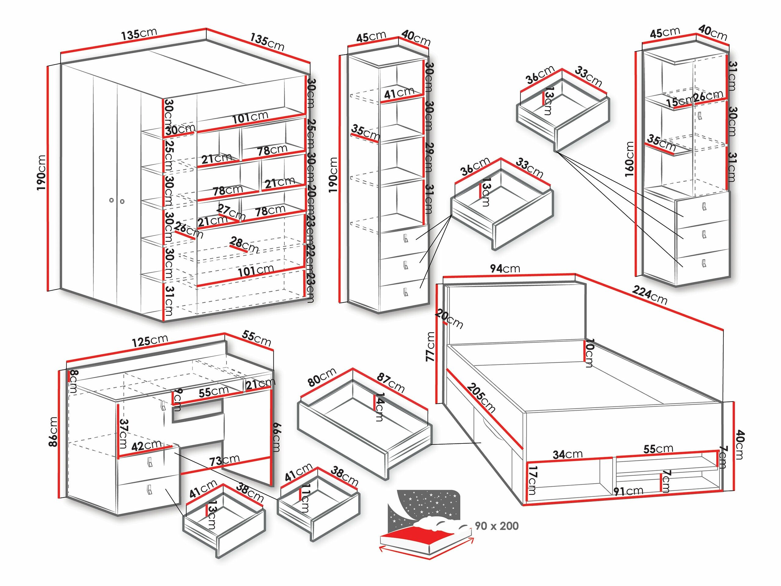 Børneværelsessæt Camteso 115 (Sort + Egetræ + Beige)