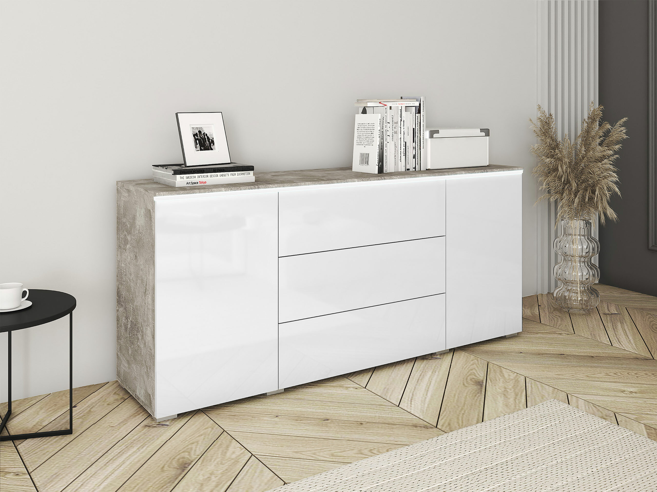 Kommode Mirfivo 102 (Beton + Glansfuld hvid)