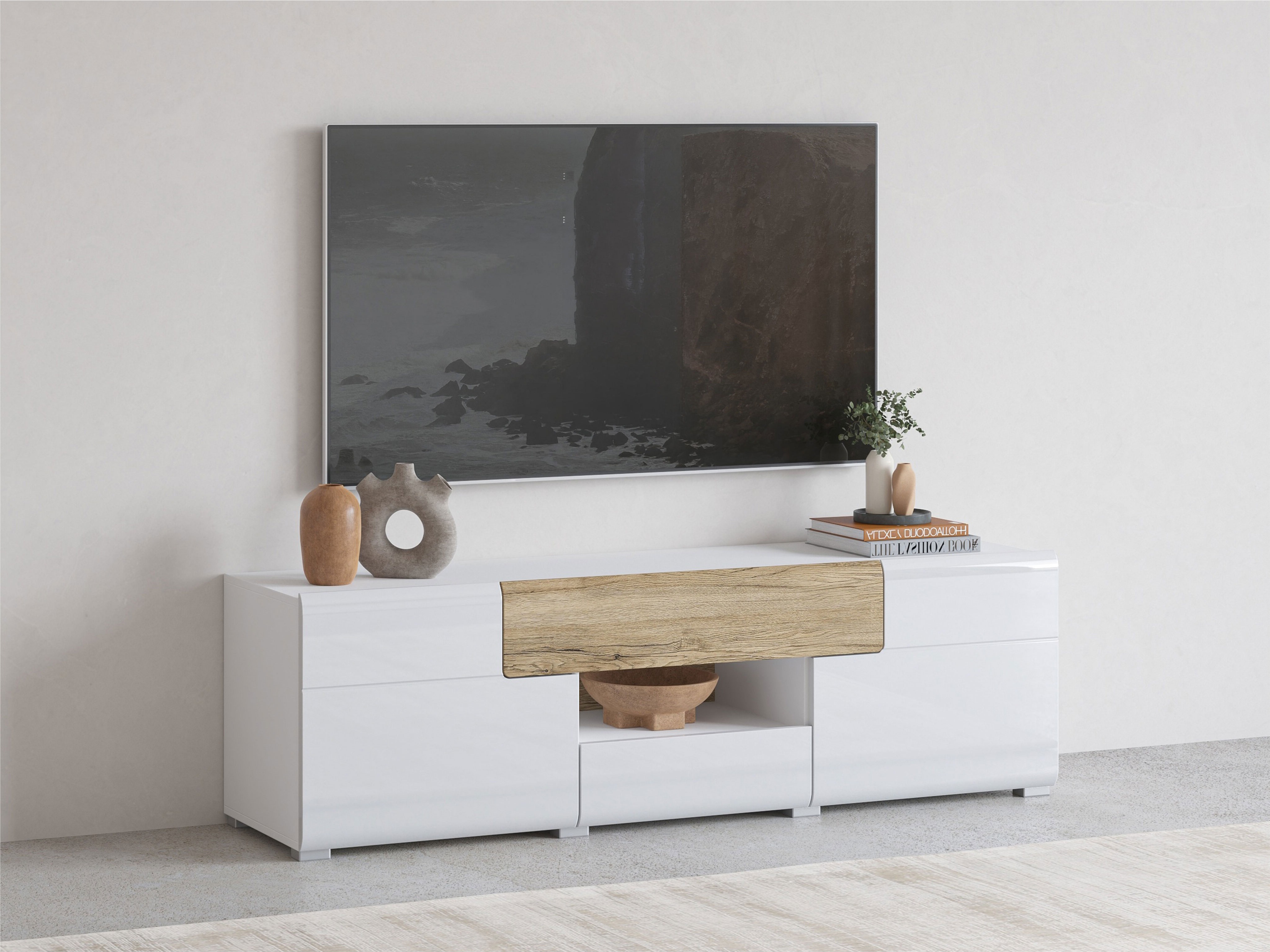 TV-bord Torsone 101 (Hvid + Glansfuld hvid + San remo eg)