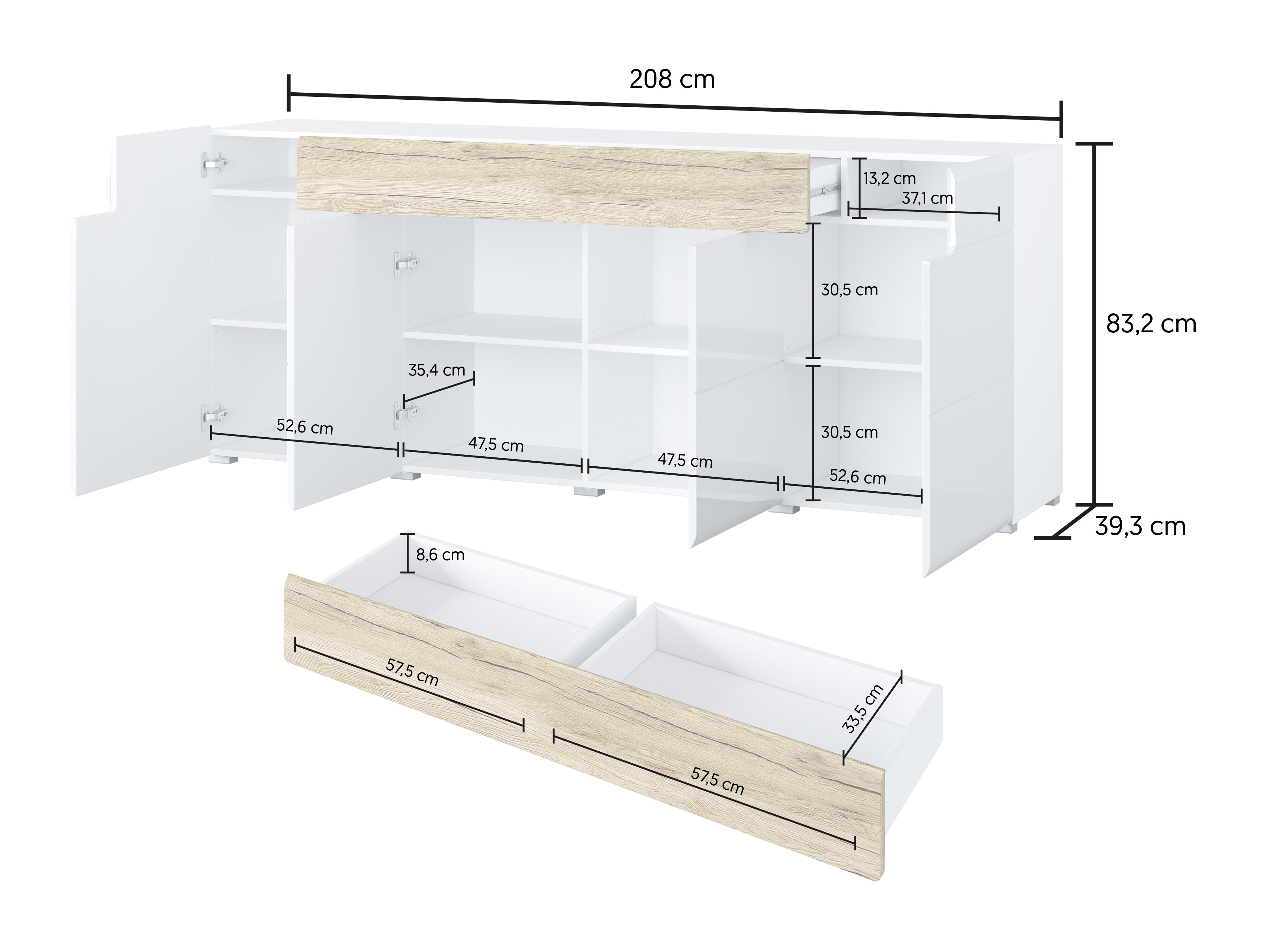Kommode Torsone 102 (Hvid + Glansfuld hvid + San remo eg)