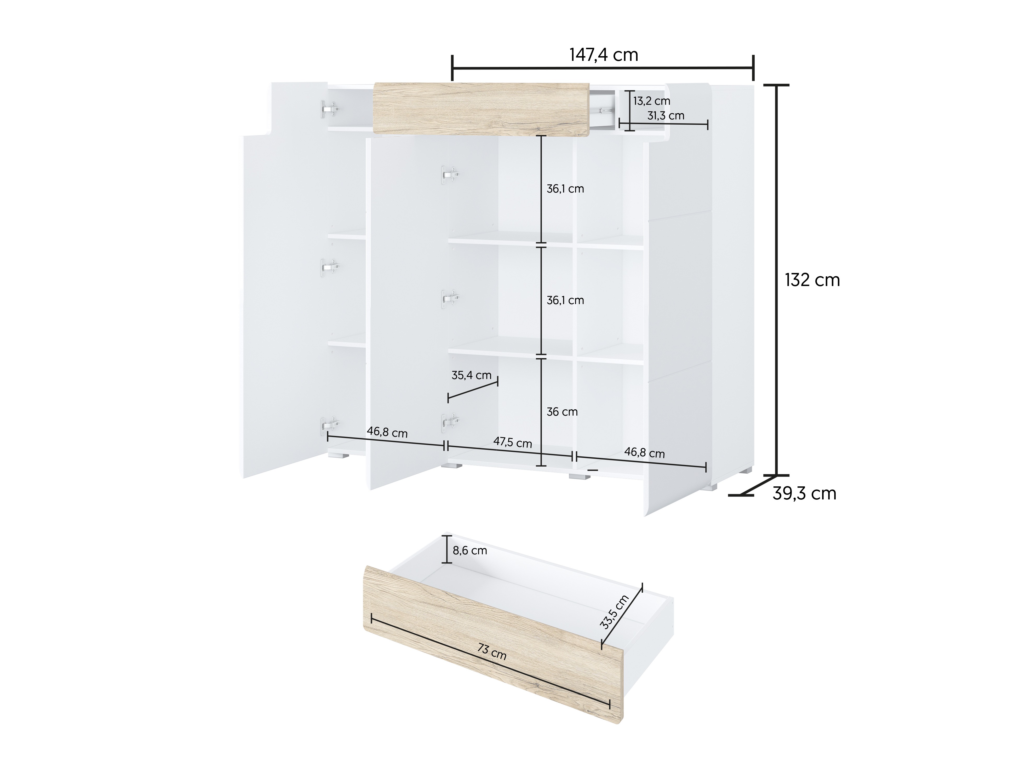 Kommode Torsone 112 (Hvid + Glansfuld hvid + San remo eg)