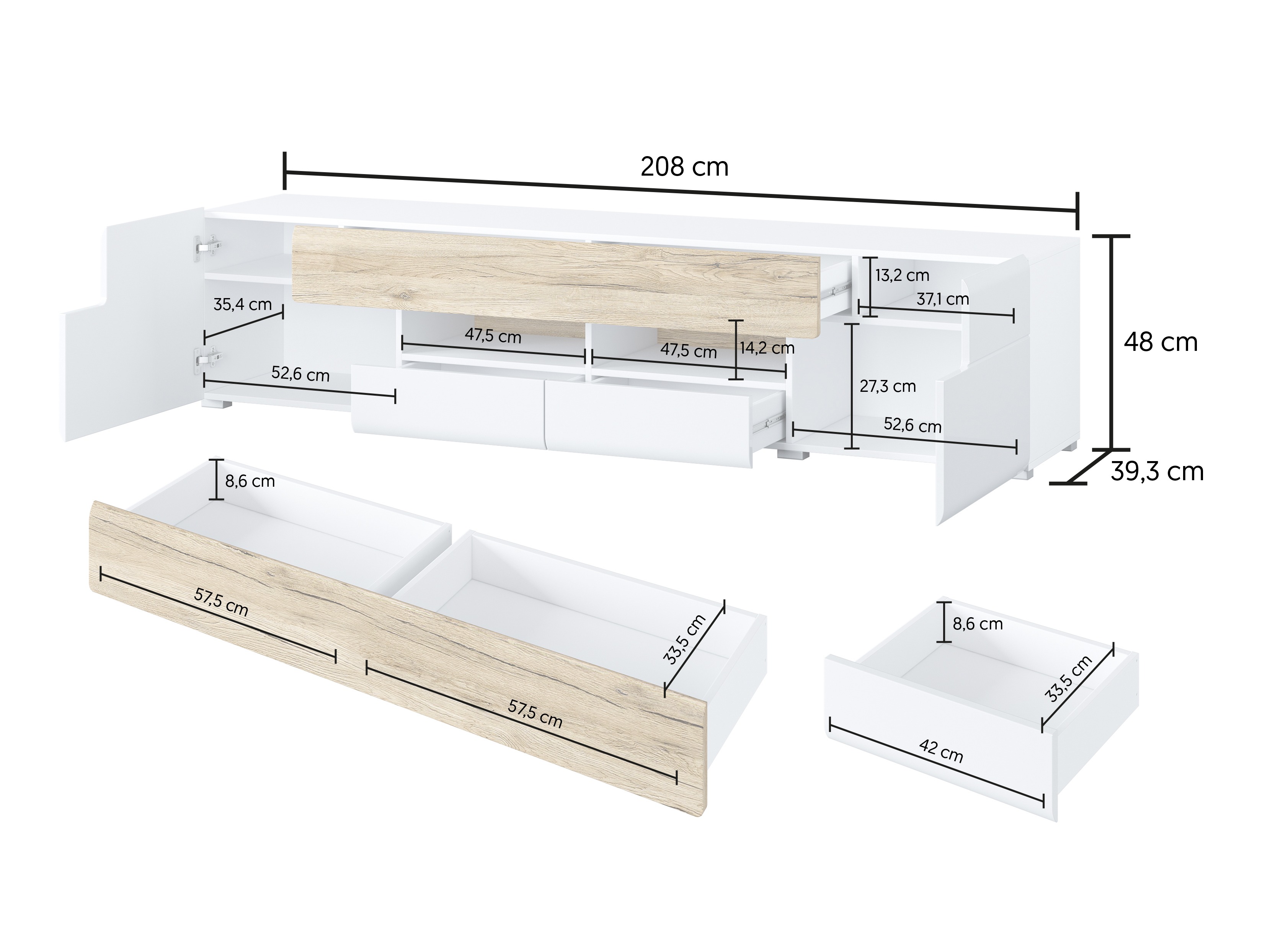 TV-bord Torsone 113 (Hvid + Glansfuld hvid + San remo eg)