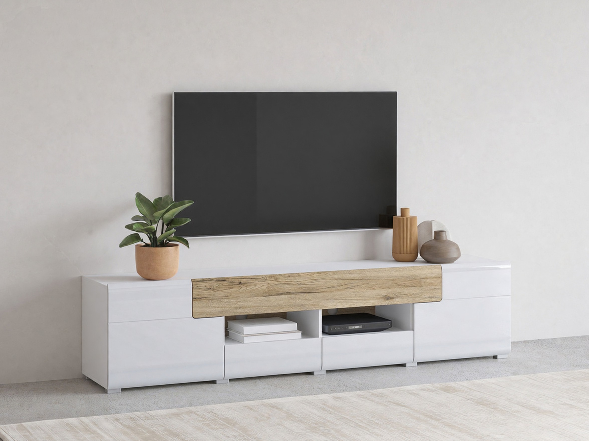 TV-bord Torsone 113 (Hvid + Glansfuld hvid + San remo eg)