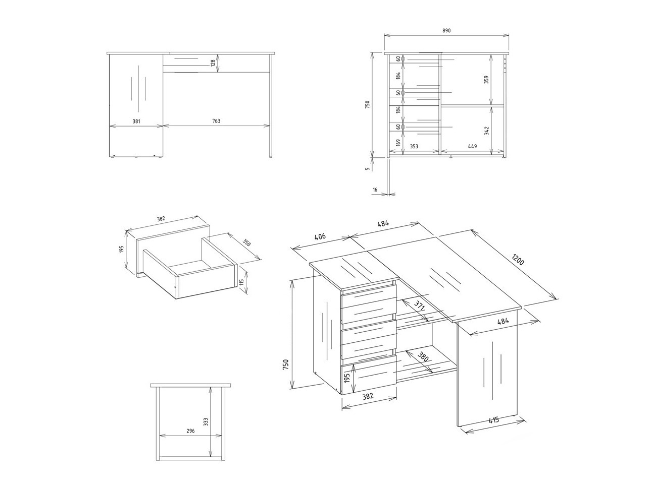 Hjørneskrivebord Mandeville 365 (Hvid)