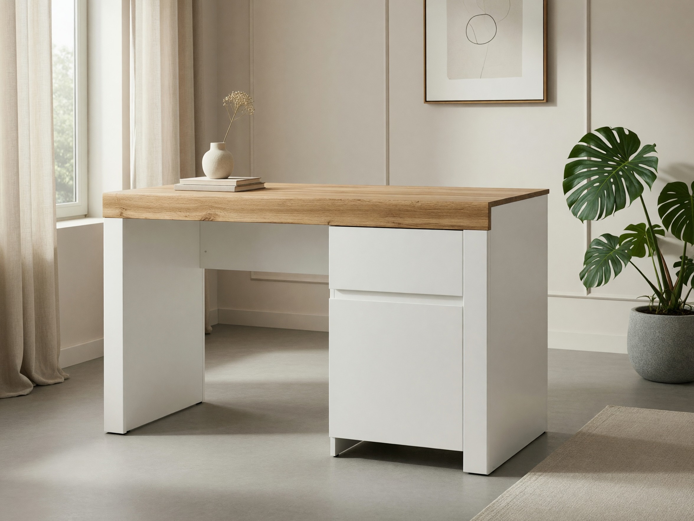 Skrivebord Sonsoru 130 (Hvid + Glansfuld hvid + Wotan eg)