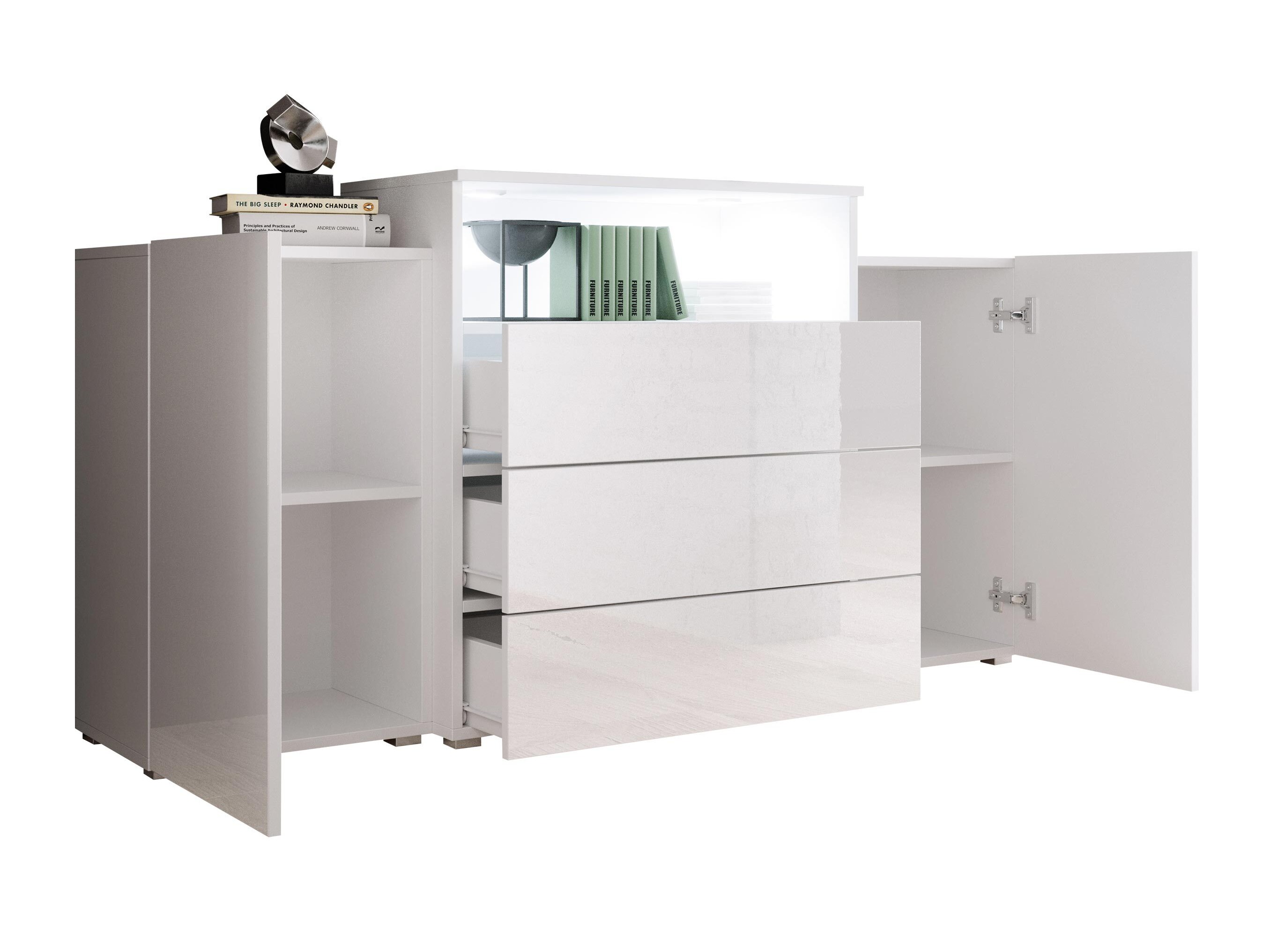 Kommode Sarasota 127 (Hvid + Glansfuld hvid + Wotan eg)