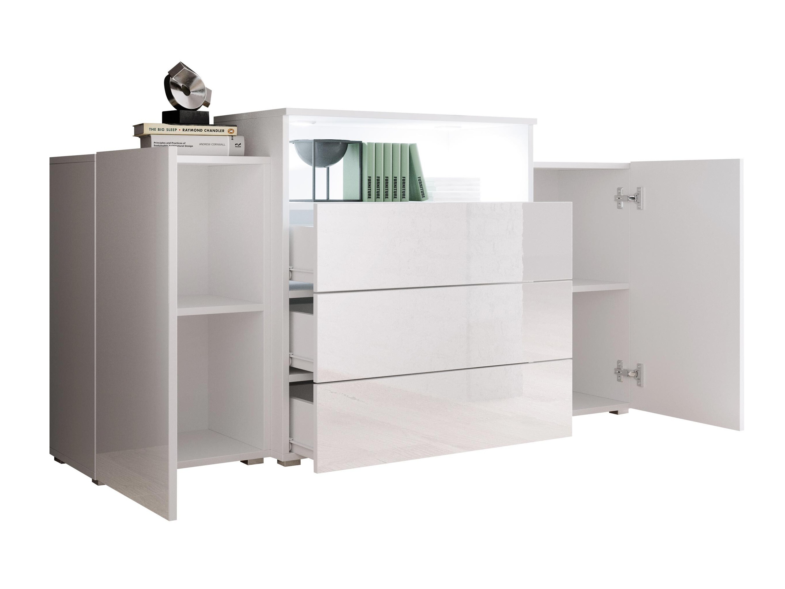 Kommode Sarasota 127 (Hvid + Glansfuld hvid + Wotan eg)